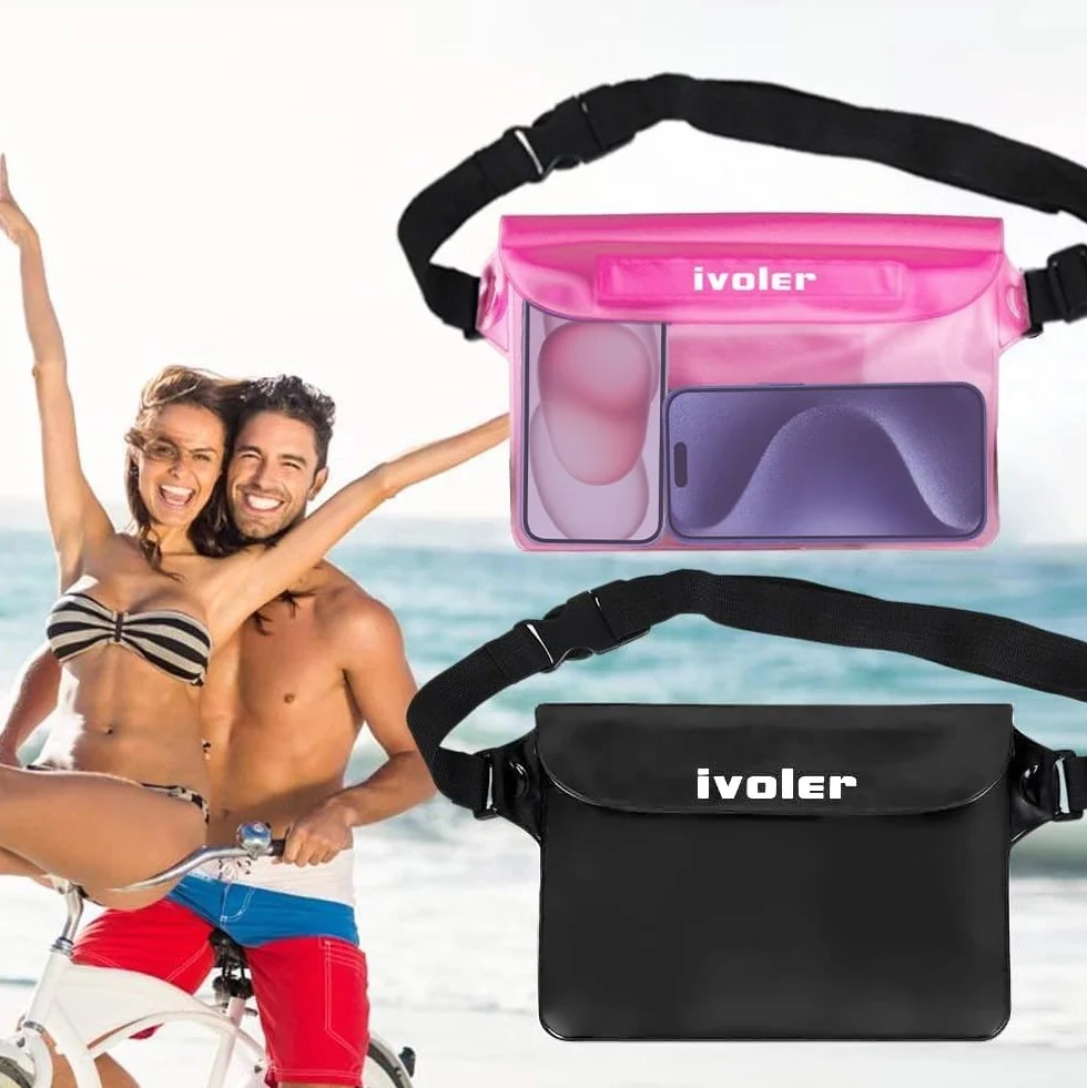 ivoler [2 szt. Uniwersalna wodoodporna saszetka z paskiem w talii, wodoszczelna torba plażowa, pływanie, rafting, kajak, piesze wycieczki, wędkowanie, wspinaczka, kemping itp. (czarny + różowy)