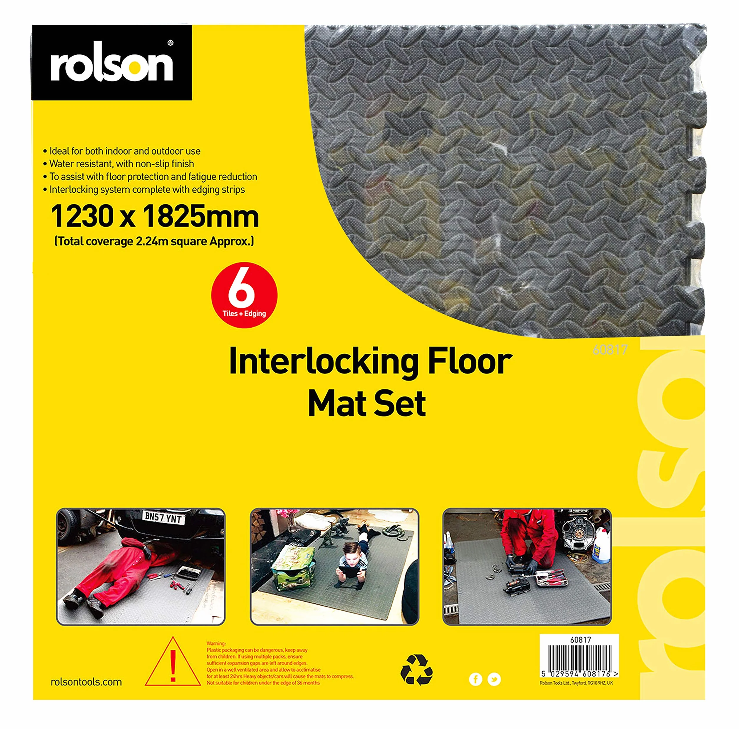 Rolson Tools 60817 maty podłogowe, czarne, z 10 krawędziami, 6 sztuk