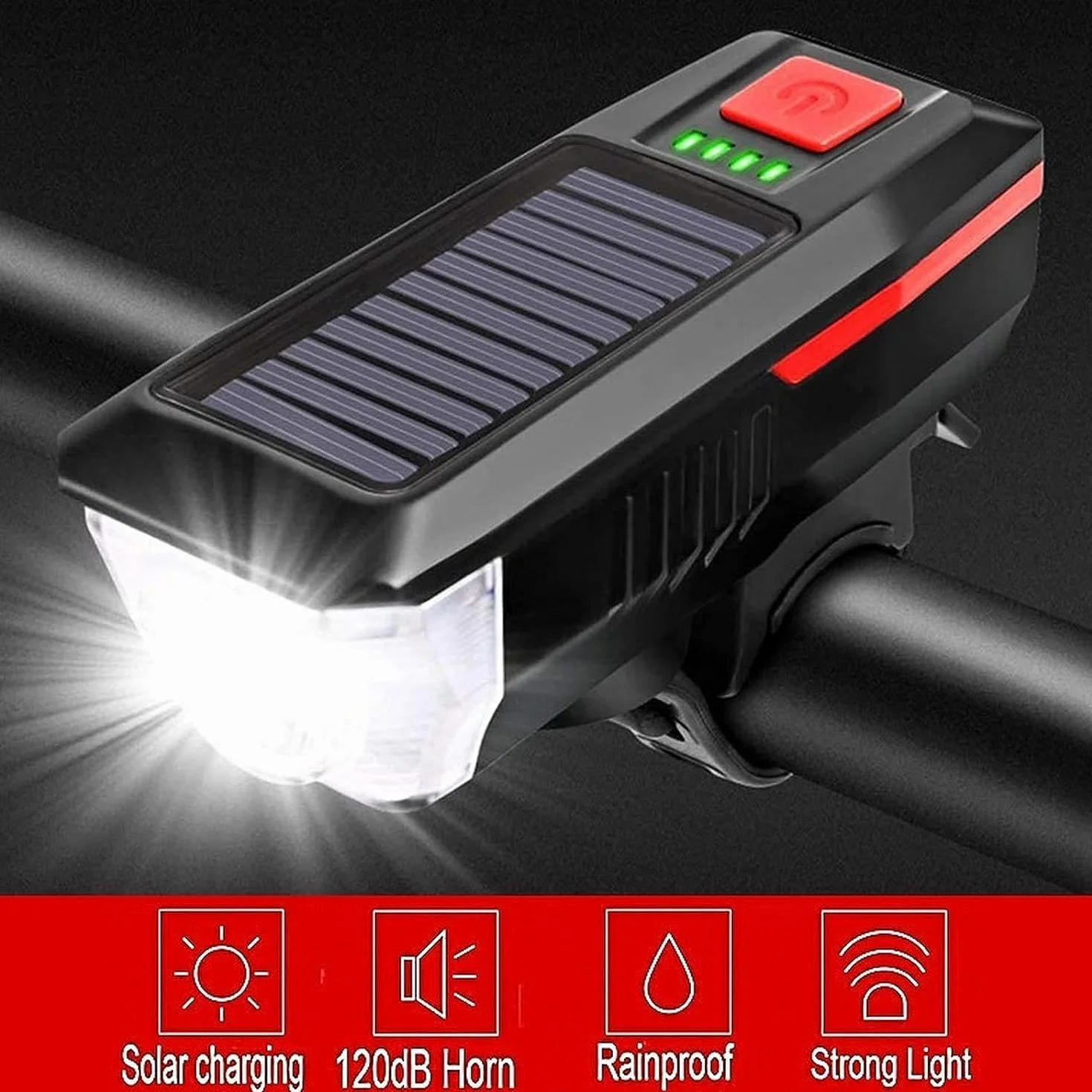 Światło przednie do roweru, zasilanie energią słoneczną, 3 tryby pracy, reflektor LED i wodoszczelny dzwonek, ładowanie przez USB, idealne do rowerów szosowych i górskich