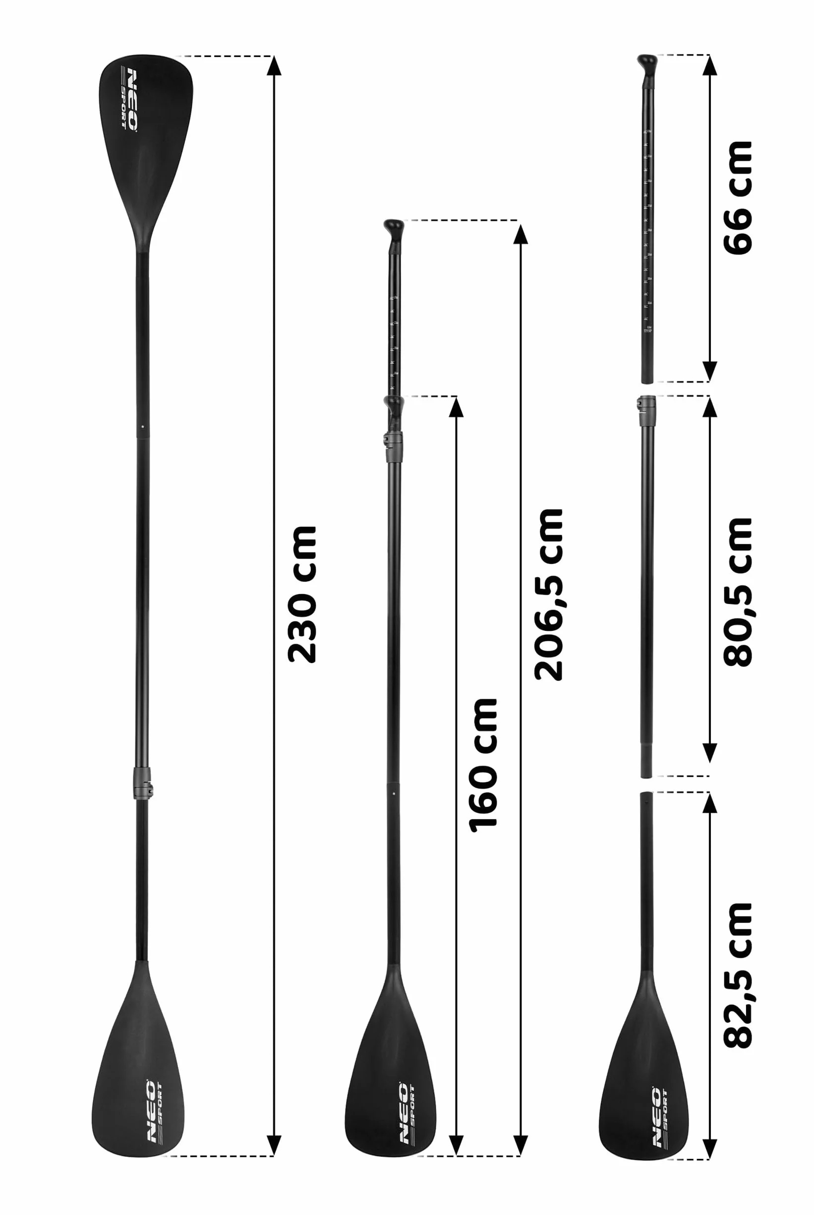 Neo-Sport Teleskopowe Wiosło SUP 2w1 Składane Regulacja Długości 230 cm Do Kajaka i Deski SUP Czarne
