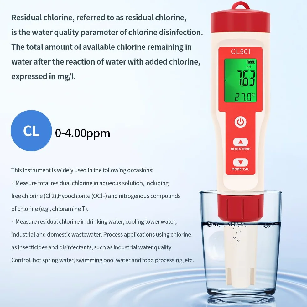 OBEST Miernik chloru i pH basen 5 w 1, phmetr ORP H2 Temperatura, test twardości wody, tester pH do basenu z wyświetlaczem LCD, miernik pH wody pitnej, spa lub laboratorium