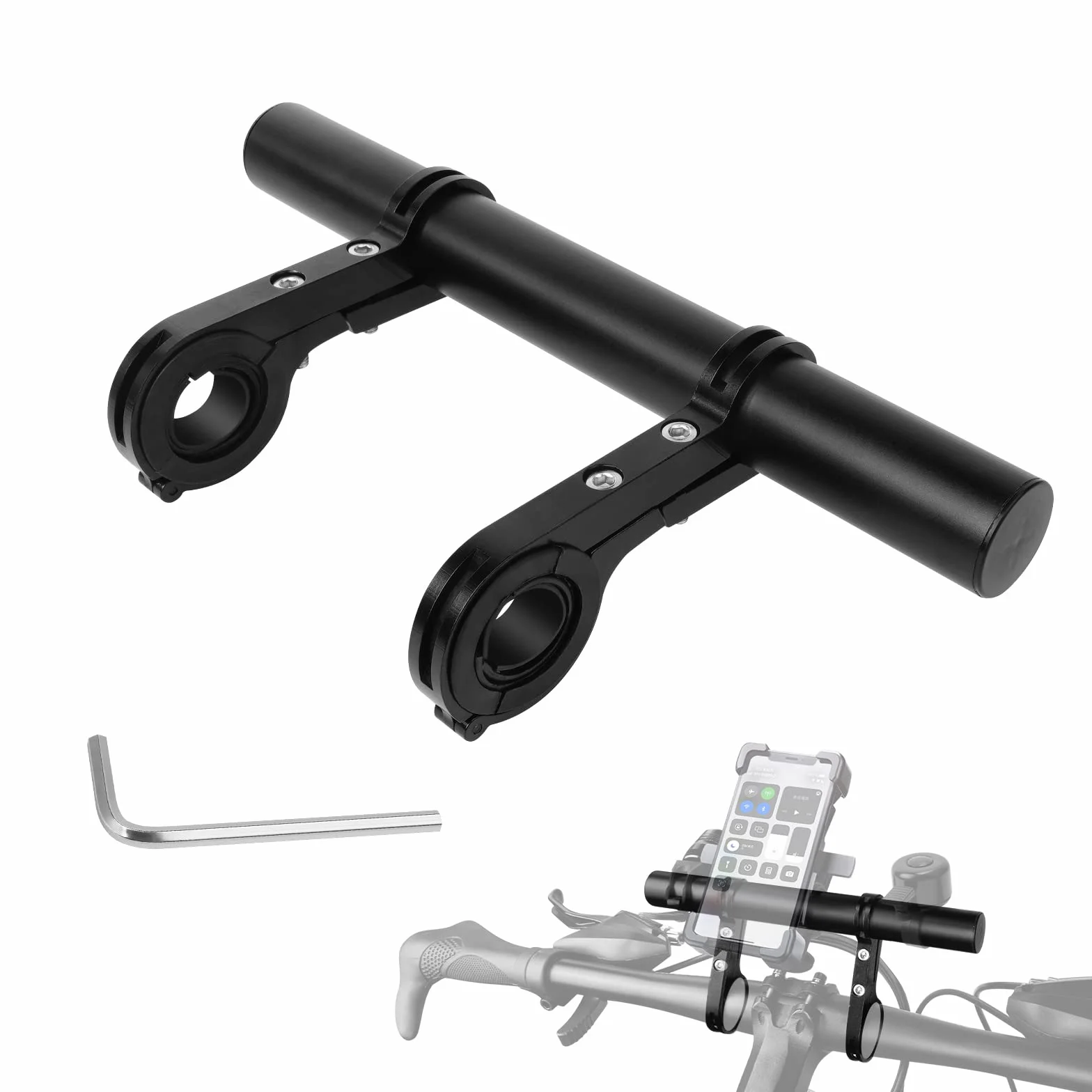 Ainiv 20 cm przedłużacz kierownicy rowerowej z 2 uchwytami zaciskowymi, kluczem sześciokątnym, aluminiowe, uniwersalne przedłużenie kierownicy rowerowej
