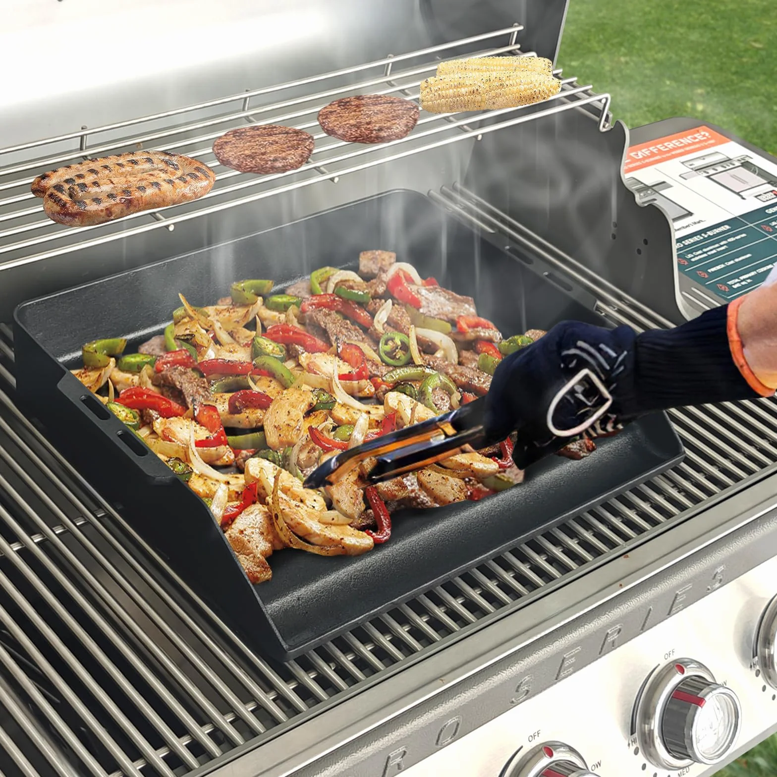 Denmay Uniwersalna płyta grillowa Plancha, 48 x 36 cm, żeliwna płyta grillowa do grilla gazowego, piekarnika i kuchenki, patelnia grillowa do RÖSLE VIDERO, Weber, CharBroil, Enders, Campingaz, Tepro i
