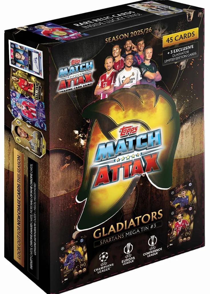 Topps UCC Match Attax 2025/26 – Mega Tin – Spartans – zawiera 45 kart Match Attax Plus 3 ekskluzywne karty Gladiators LE.