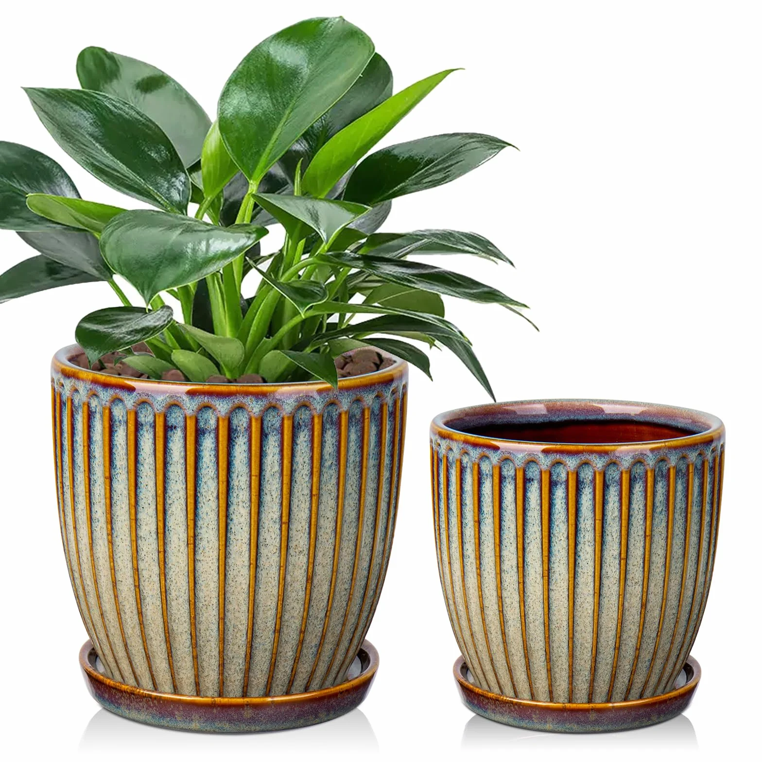 Oairse Zestaw 2 ceramicznych doniczek na rośliny, 13 cm, 15 cm, brązowa, ceramiczna donica z otworami drenażowymi i spodkami, dekoracyjne doniczki w paski, do wnętrz, nowoczesne doniczki na sukulenty,