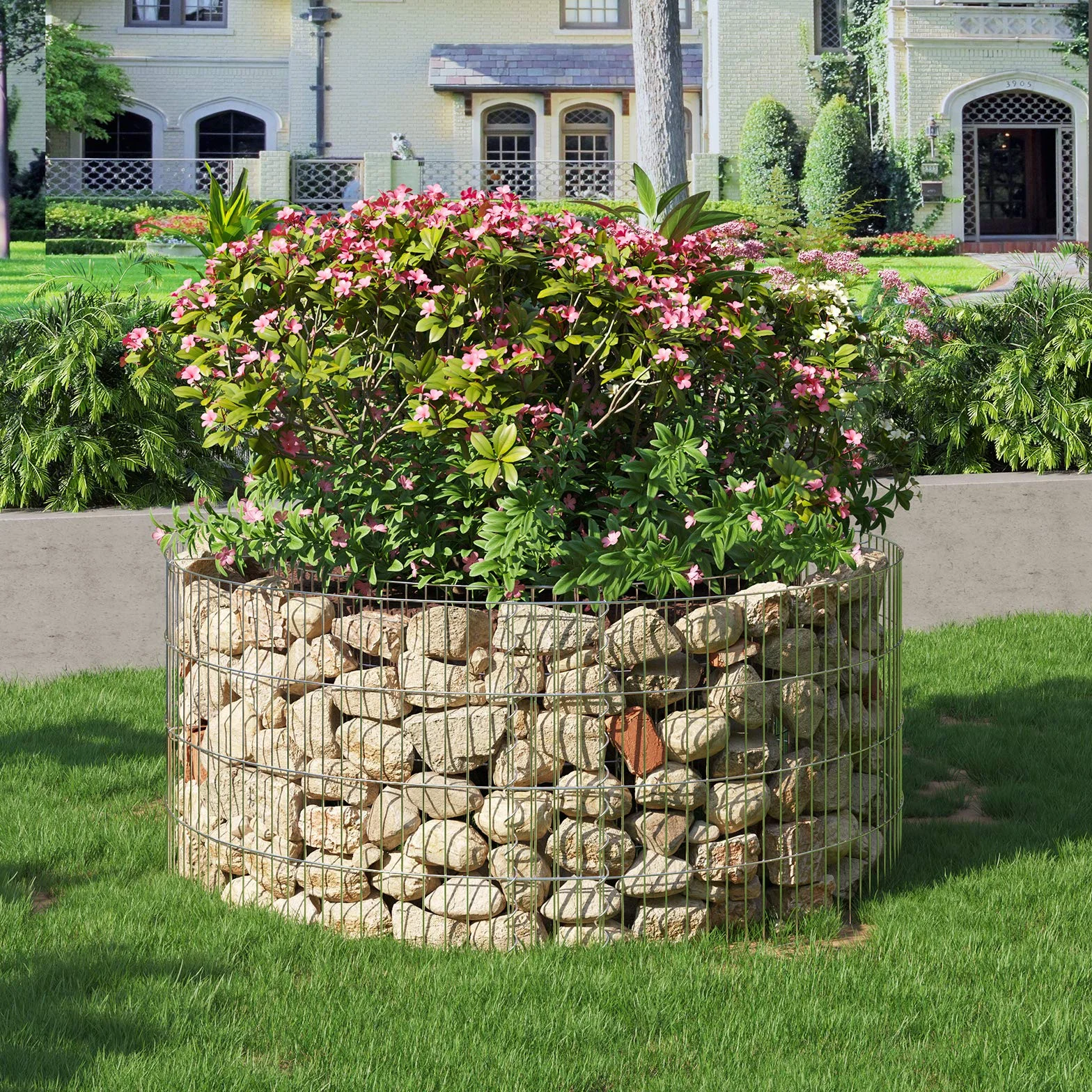 SONGMICS gabion, okrągły, kosz gabionowy, kosz kamienny wykonany z metalu, siatka o małych oczkach 2,5 x 10 cm, ogrodzenie z drutu ze stali ocynkowanej, nierdzewne, 90 x 40 cm (Ø x W), srebrny GGB479