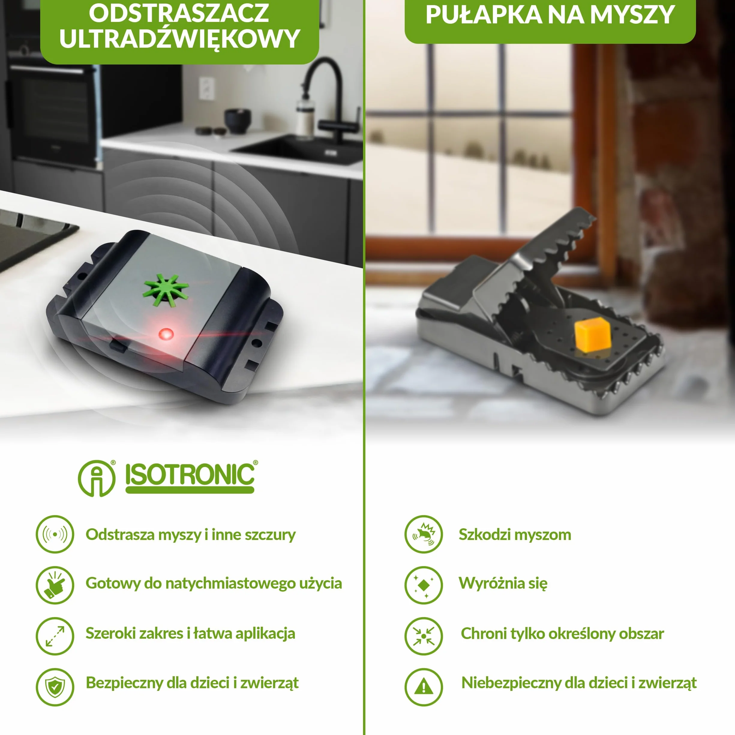 ISOTRONIC Odstraszacz myszy / szczurów z ultradźwiękami, zwycięzca testu, elektroniczny odstraszacz szkodników do domu, piwnicy, ogrodu, odstraszacz myszy i szczurów, bez chemikaliów i pułapki na