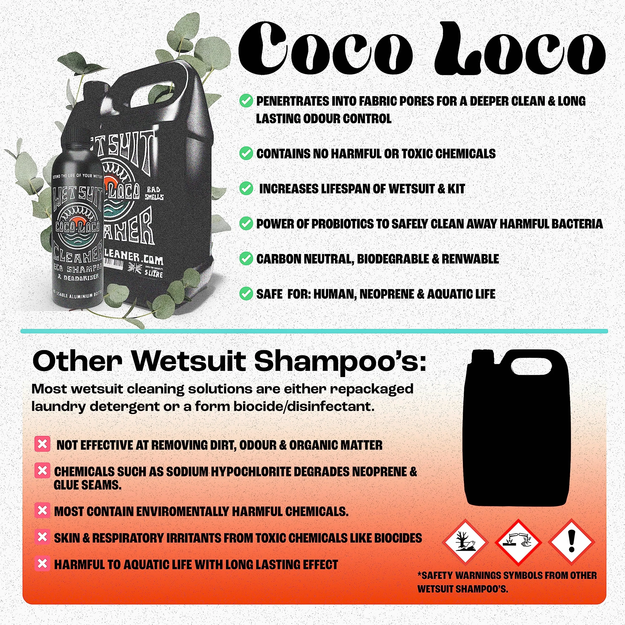 Dirtbusters Coco Loco Konzentriertes Reinigungs- und Desodorierungsshampoo für Neopren und Neoprenbekleidung - Tauchen/Surfen/Schwimmen - mit Eukalyptusduft - 5-Liter-Kanister