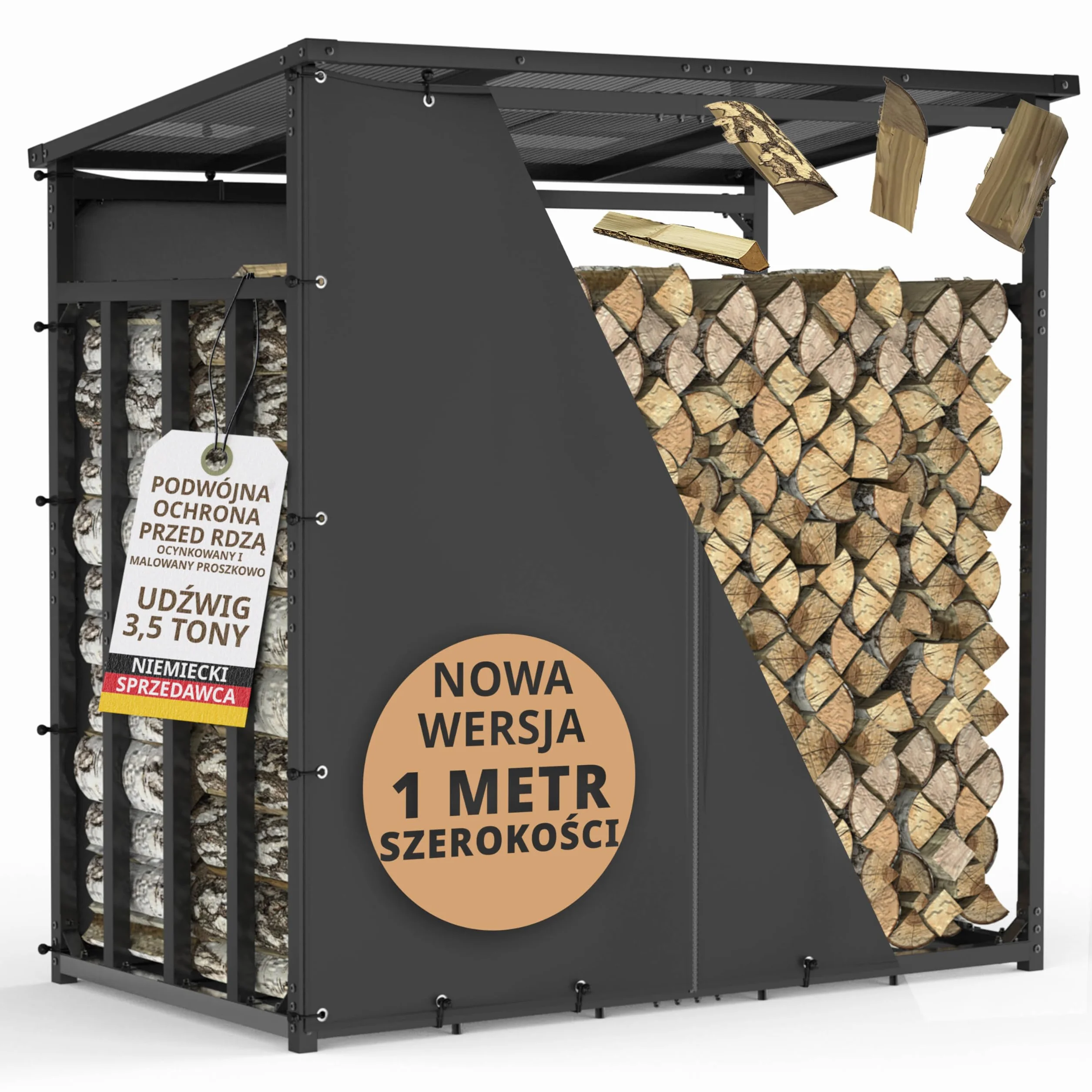 Stojak regał na drewno kominkowe 185x105x185 cm metalowy ocynkowany zadaszony z plandeką antracytowy 1 m głębokości odporny na rdzę 3,5 t 5,25 m³