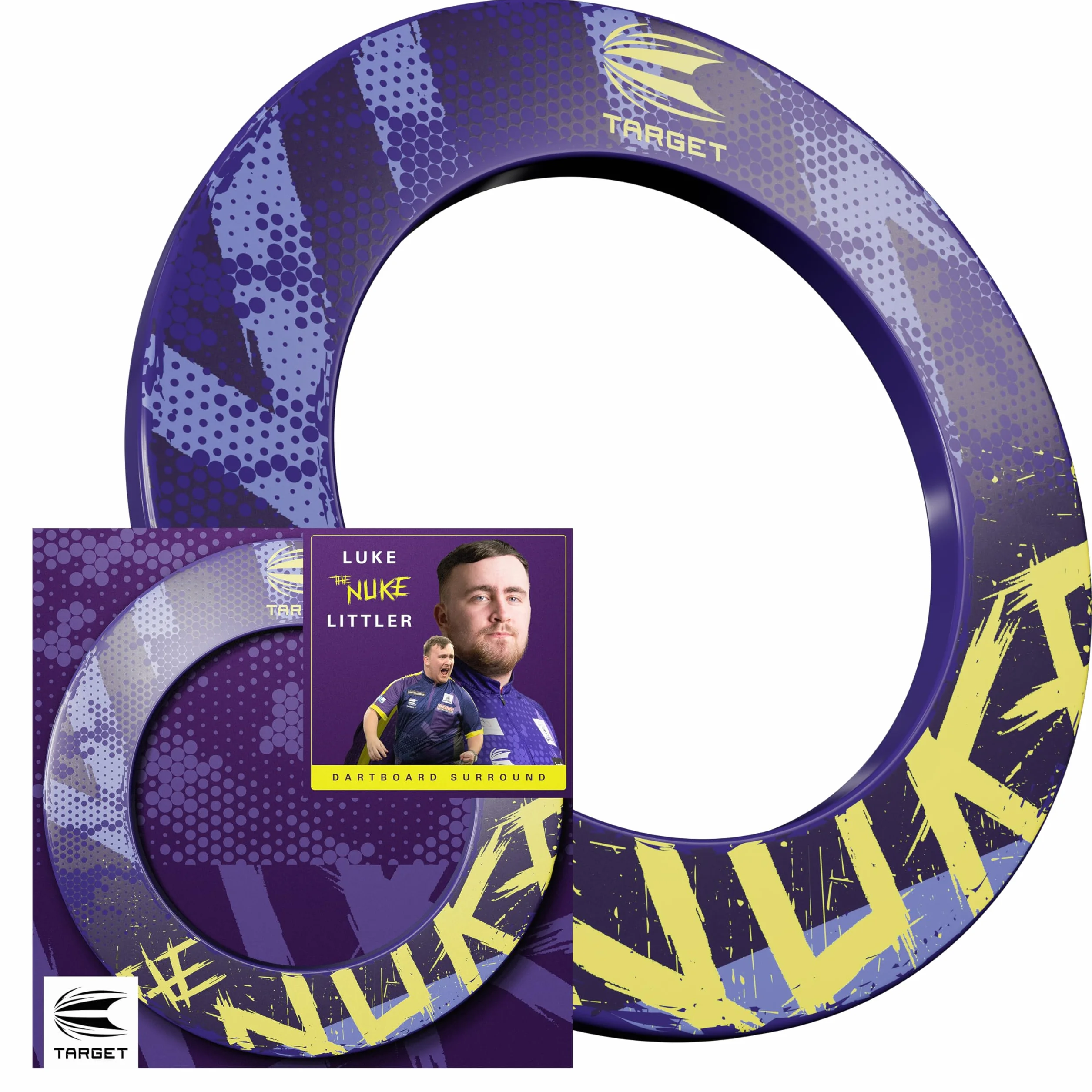 Target Darts Luke Littler Dartboard Surround | The Nuke Dart Board Protector Ring, kompatybilny ze wszystkimi tarczami do rzutek ze stalowymi końcówkami, fioletowo-żółte tarcze do rzutek, łatwe