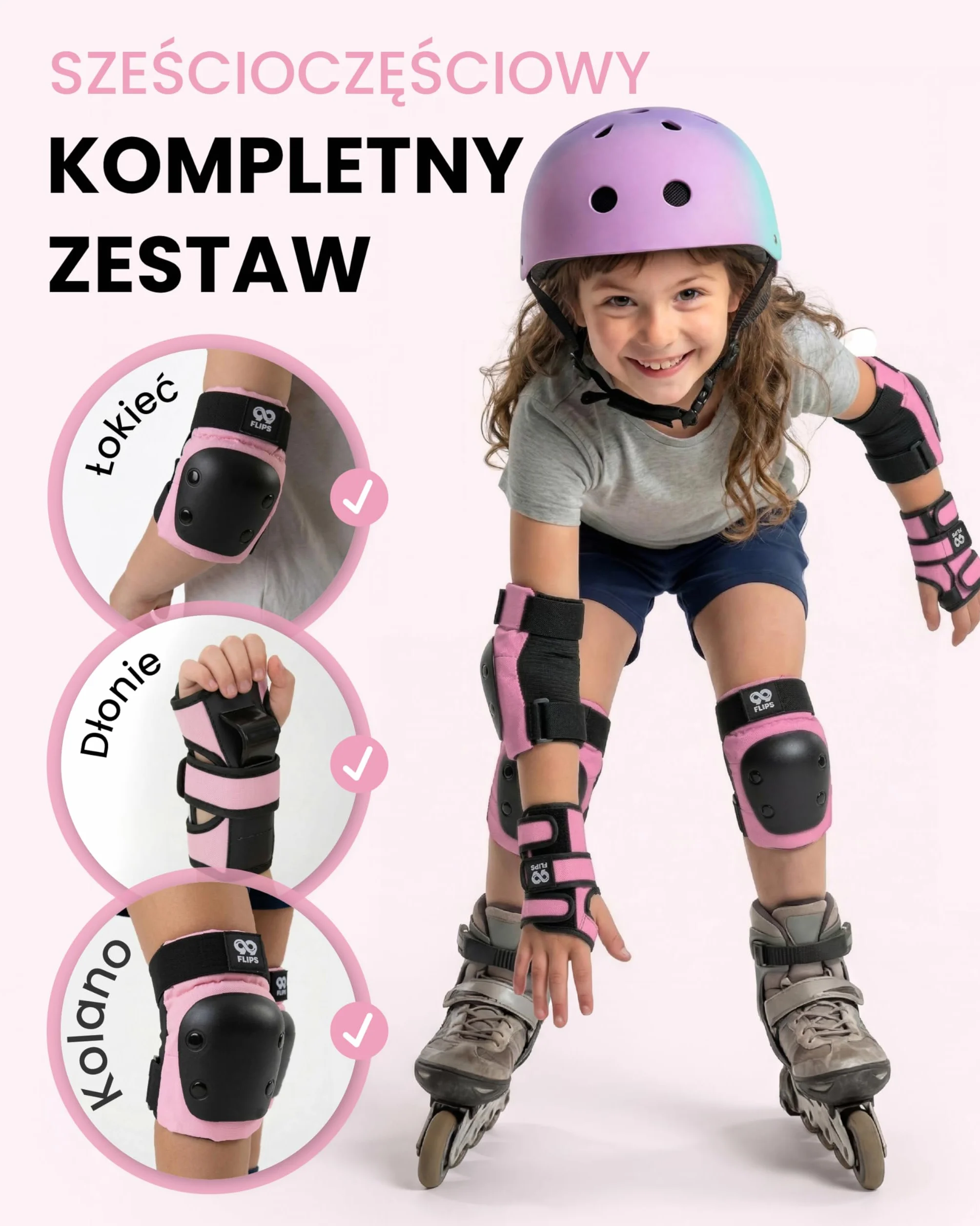 99FLIPS Nakolanniki dla Dzieci - na Deskorolkę i Rolk - Zestaw 6-częściowy - Nakolanniki, Ochraniacz Dłoni, Ochraniacze na łokcie - SLIDE - Rozmiar XS - RÓŻOWY