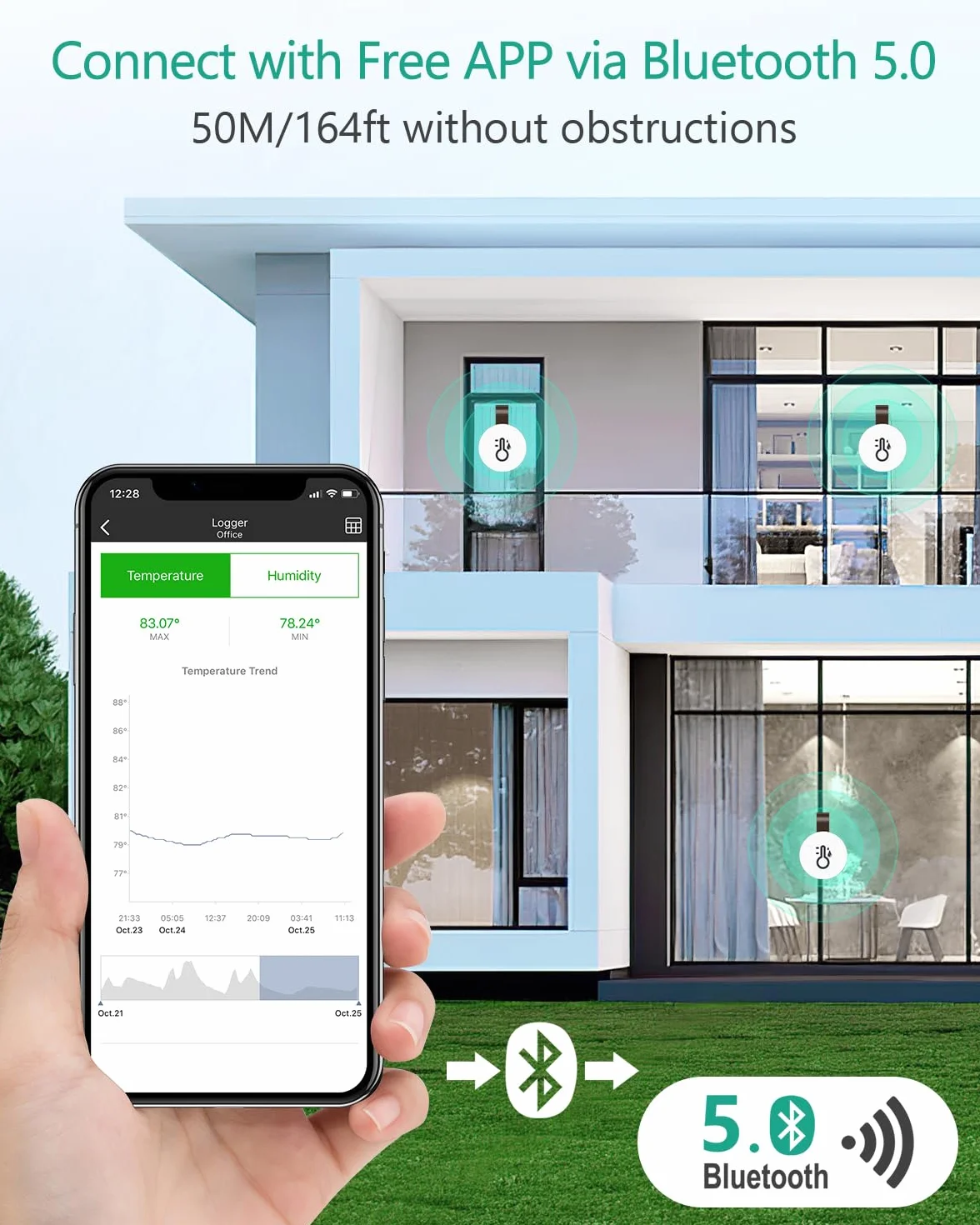 ORIA Termometr Bluetooth, higrometr, mini wewnętrzny czujnik temperatury z aplikacją, eksport danych, kompatybilny z systemem iOS / Android, do salonu, pokoju dziecięcego, domu
