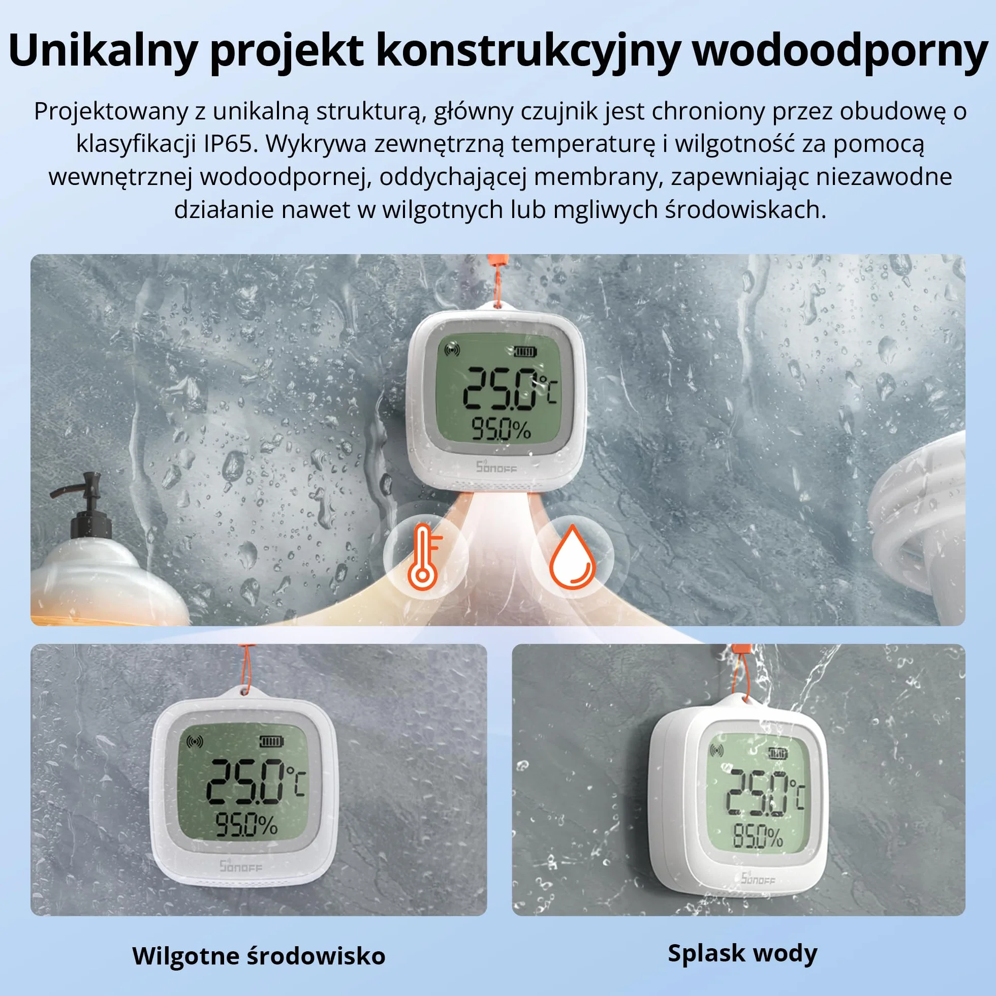 SONOFF SNZB-02WD IP65 Zigbee LCD Inteligentny Sensor Temperatury i Wilgotności, wodoodporny do Szkieletnia/Łazienki, Monitorowanie przez APP z Wykresami, Elastyczna Instalacja