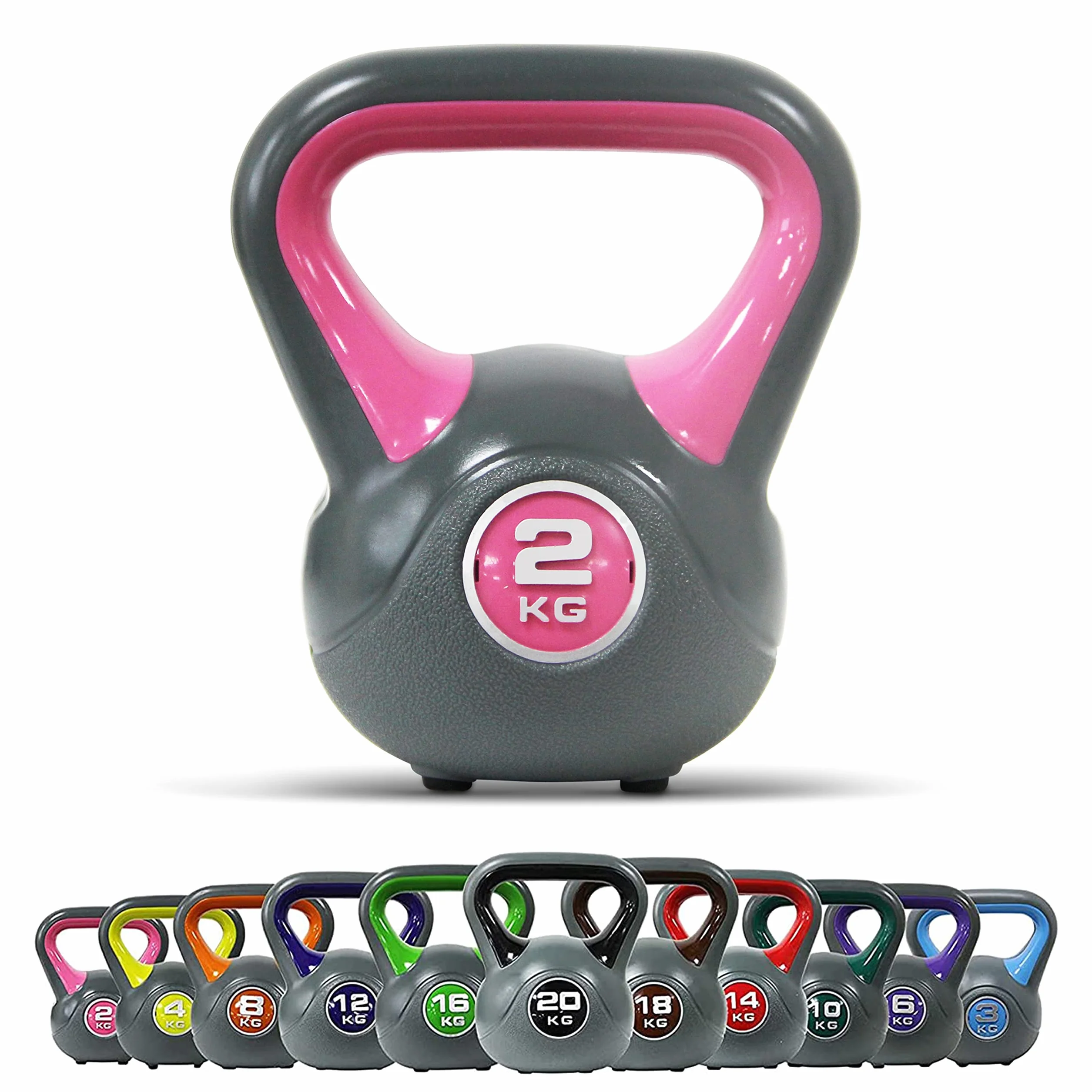 POWRX Kettlebell z tworzywa sztucznego, 2-20 kg, w zestawie z treningiem, hantle w różnych kolorach i ciężarach, hantle zamachowe chroniące podłogę (2 kg – różowe)