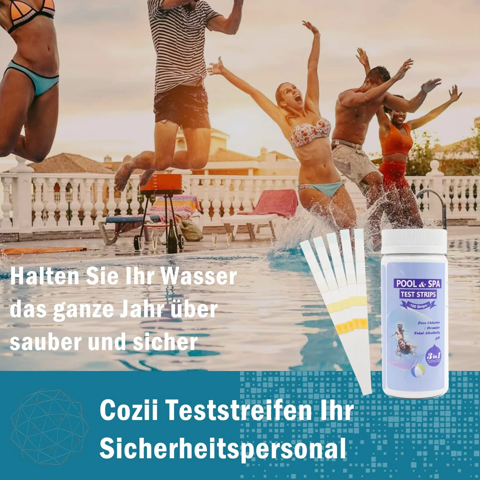 Paski testowe do basenów 3 w 1, tester pH, wolny chlor, brom i ogólna zasadowość, paski testowe do jacuzzi i spa, zestaw do testowania wody na basenie, jacuzzi, spa