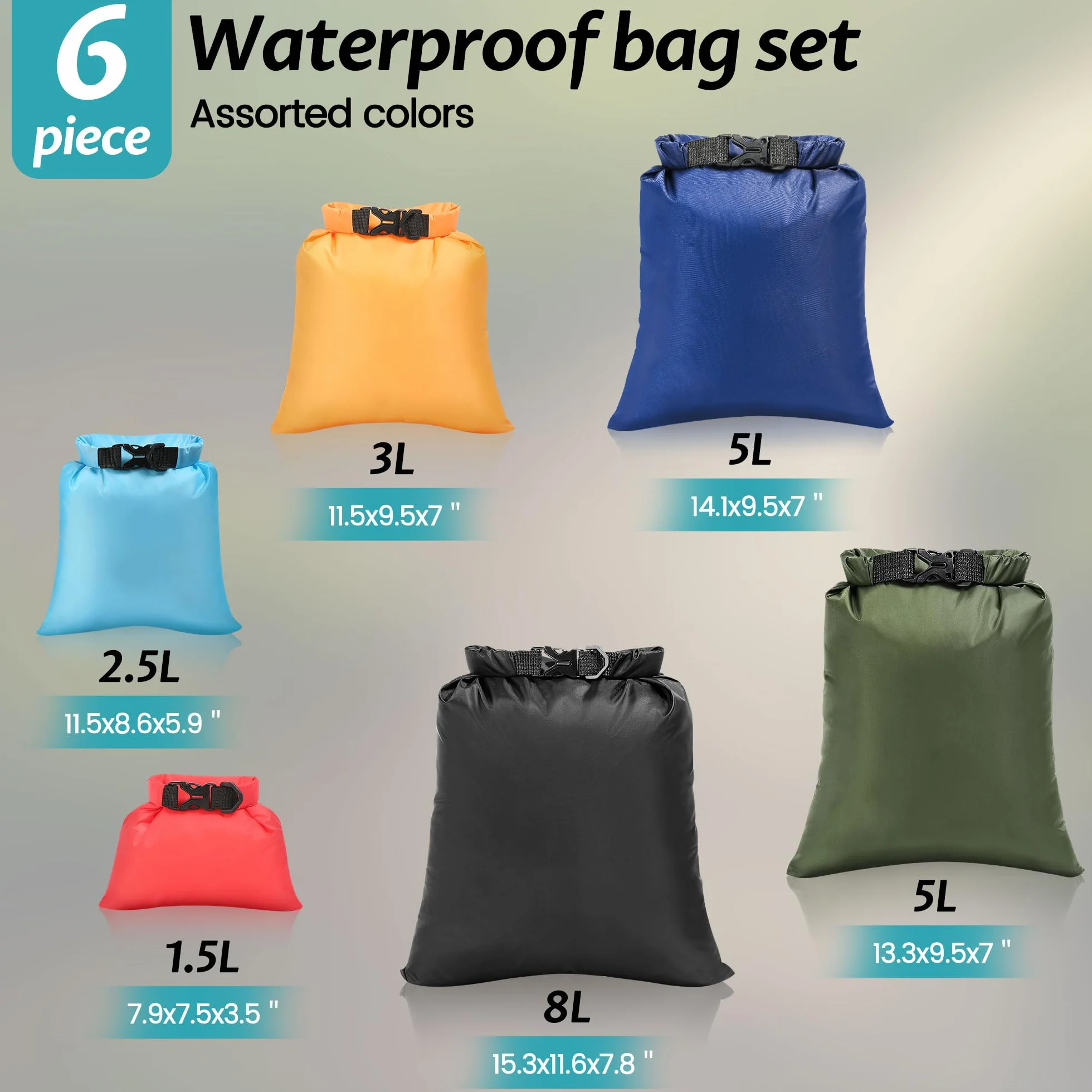 KUOGAS Zestaw toreb wodoodpornych Dry Bag, 6 toreb - 1,5l, 2,5l, 3l, 3,5l, 5l, 8l | Idealne na zewnątrz, sporty wodne i kemping | Ultralekkie i wytrzymałe, wielokolorowe, outdoor