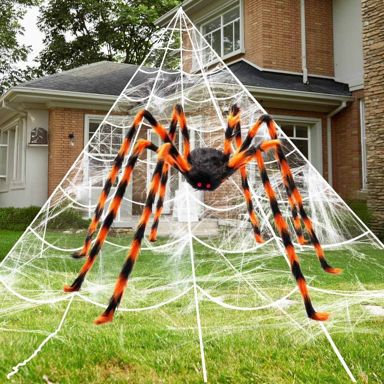 JOYIN Dekoracja pajęczyny na Halloween, 150 cm, duży pająk 4,0 x 4,8 m, duża trójkątna sieć pajęczyna, idealna do nawiedzonych domów wewnątrz i na zewnątrz, na imprezy halloweenowe i cmentarskie