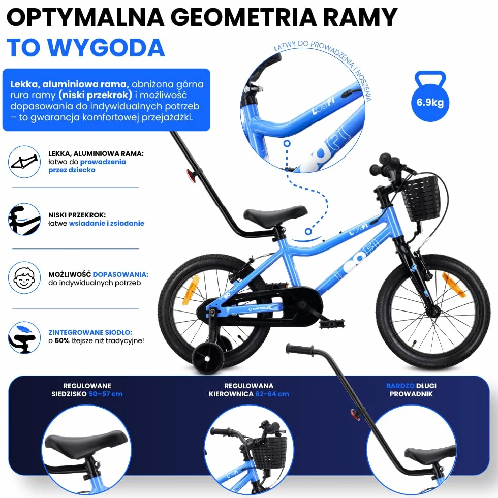 Sun Baby Rower Dziecięcy LOOFI 12 14 16 Cali, Dziewczęcy i Chłopięcy 2-6 Lat, Max 50 kg - lekka rama aluminiowa, z kółkami bocznymi, koszykiem, dzwonkiem, naklejkami
