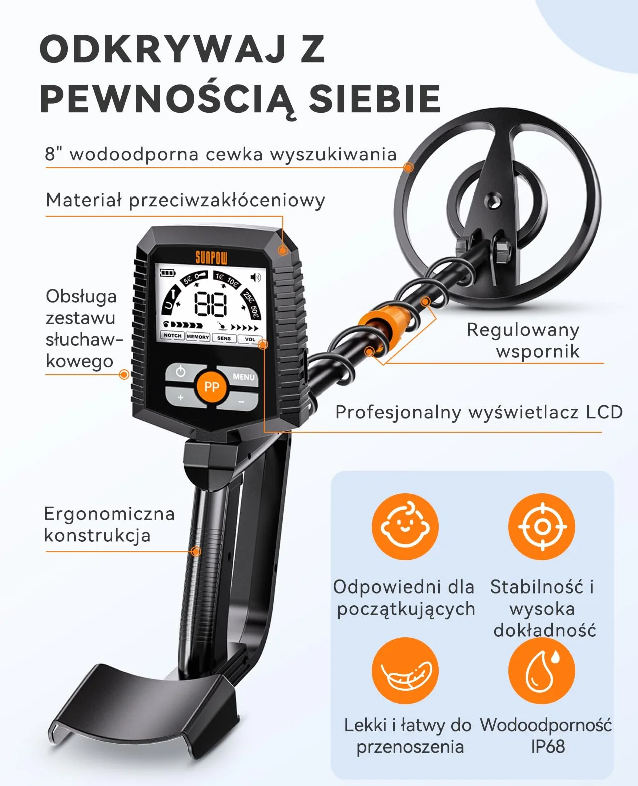 SUNPOW Profesjonalny Wykrywacz Metali dla Dorosłych i Dzieci – Ulepszony Chip, Wysoka Dokładność, 4 Tryby (All Metal, Notch, Pinpoint, Memory), LCD, Zestaw Kompletny