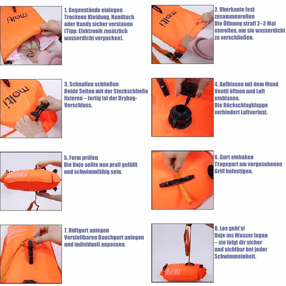 molti 2 w 1 nadmuchiwana boja do pływania i worek na sucho, 15 l, 28 l, boja dla dorosłych, Baywatch Boja z gwizdkiem alarmowym i pokrowcem na telefon komórkowy, kolor pomarańczowy, bezpieczeństwo