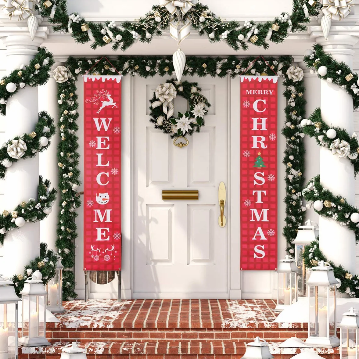 2pcs Reusable Oxford Cloth Waterproof Welcome Christmas Porch Sign Photo Props Wall Decor for Home Party