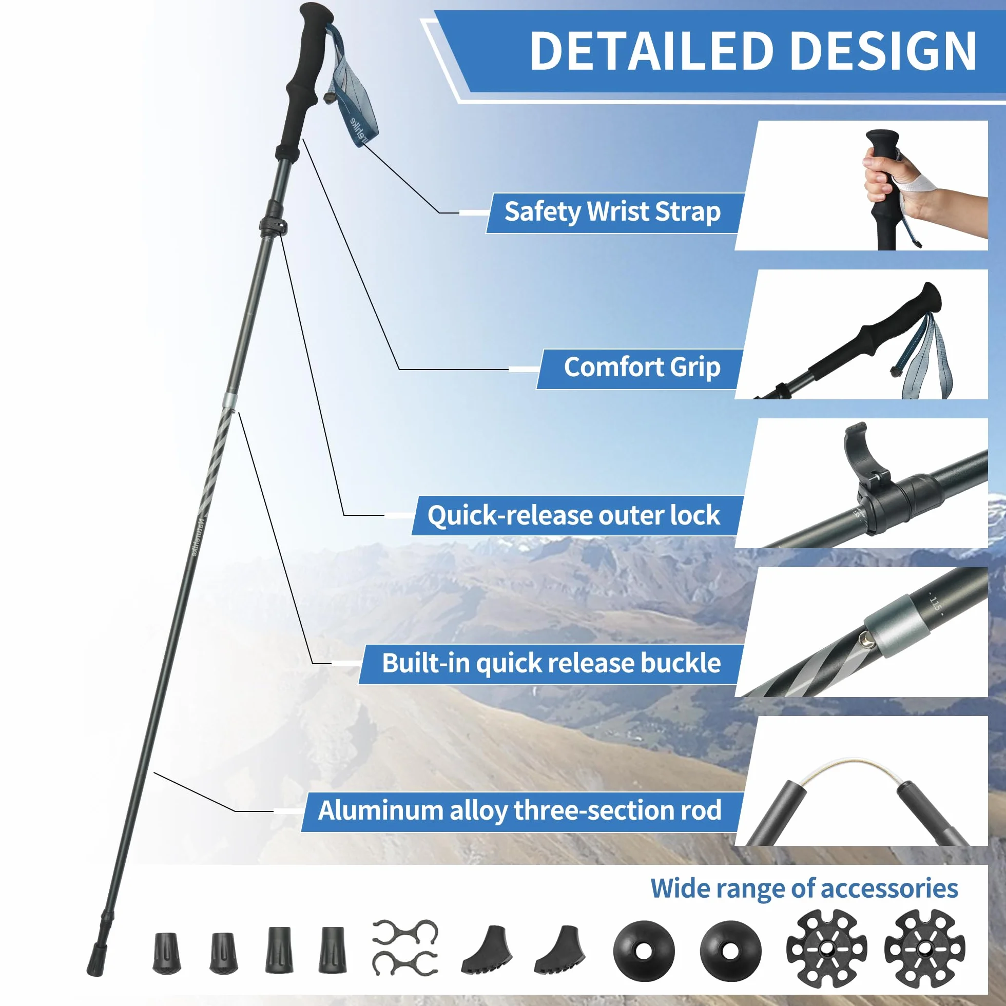 Naturehike Kijki trekkingowe, ultralekkie, składane, 115-135 cm, kijki trekkingowe 7075, aluminiowe kijki trekkingowe dla kobiet i mężczyzn (czarne)
