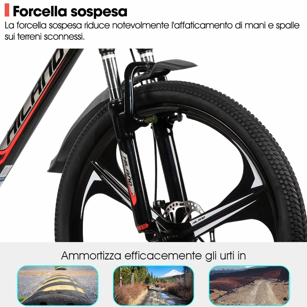 Rower górski Hiland dla dorosłych 26", hamulce tarczowe z przodu i z tyłu, 3/6 szprych, 18 prędkości, unisex, widelec amortyzowany, lekka aluminiowa rama