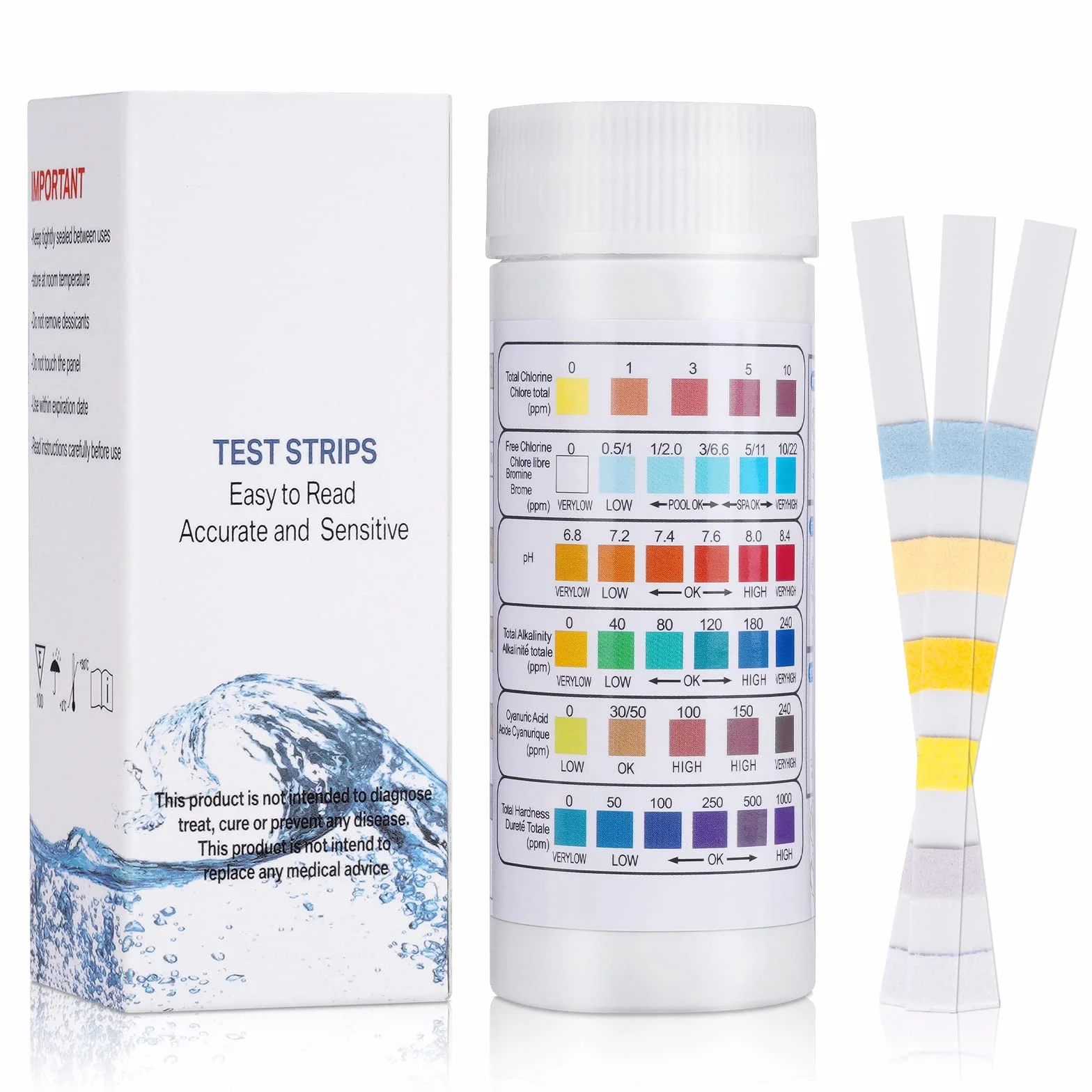 Flintronic Zestaw 100 pasków testowych do kontrolowania jakości wody basenowej 6 w 1, do chloru, bromu, PH, zasadowości całkowitej, twardości, kwasu cyjanurowego, paski do spa i basenu