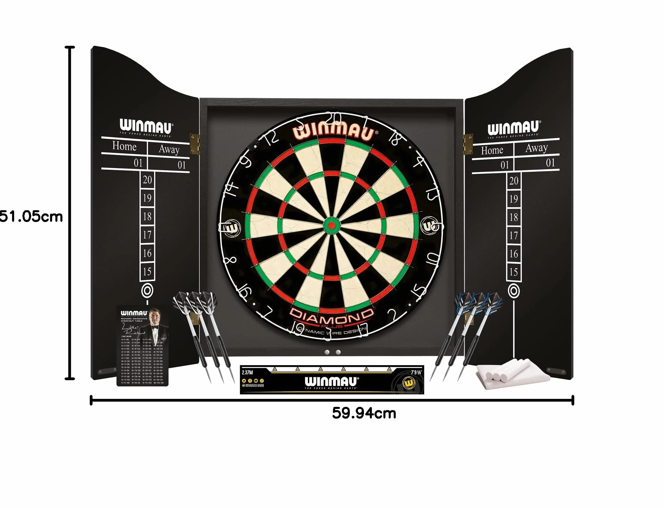 WINMAU Profesjonalny zestaw rzutek zawiera tarczę do darta Diamond Plus Bristle - czarna szafka - 2 zestawy rzutek - oficjalna linia Oche