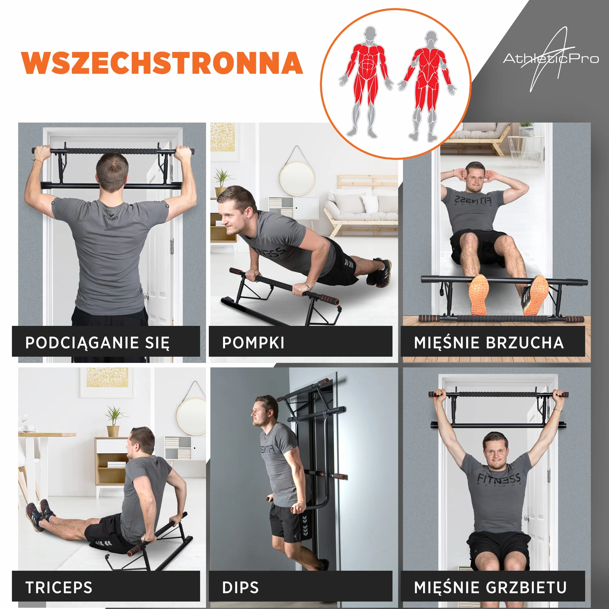 AthleticPro - Drążek do podciągania, rama drzwi ze stacją do dipów – obciążenie do 200 kg – bezpieczny drążek do podciągania – 20 cm wyższy w ramie – Dips & Push Up