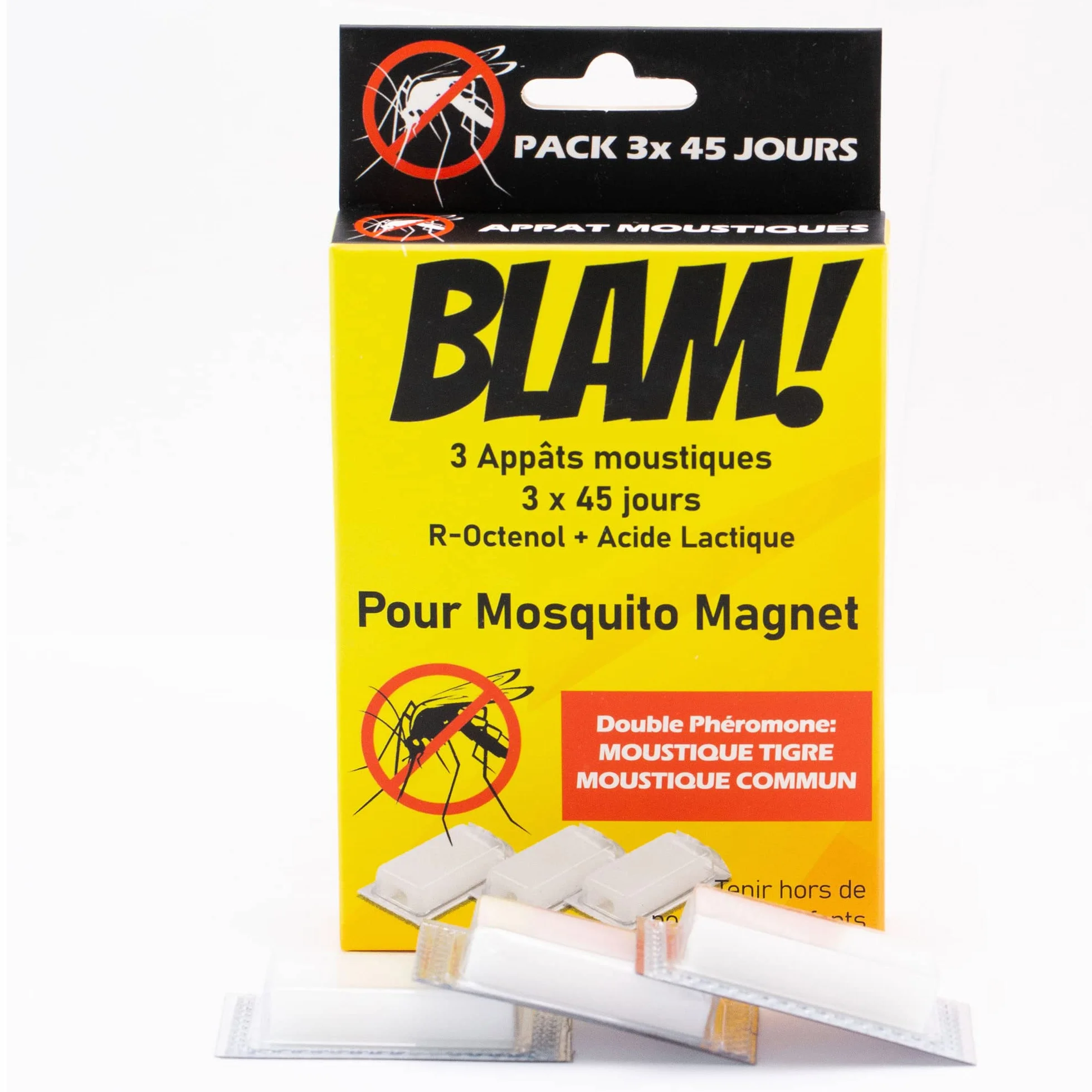 BLAM 3 przynęty na komary kompatybilne z magnesem Mosquito * Podwójny feromon: Skuteczny na komary Tygrysy i pospolite dzięki R-Octenolowi i kwasowi mlekowemu (=Atrakta*). Wydajność 3 x 45 dni