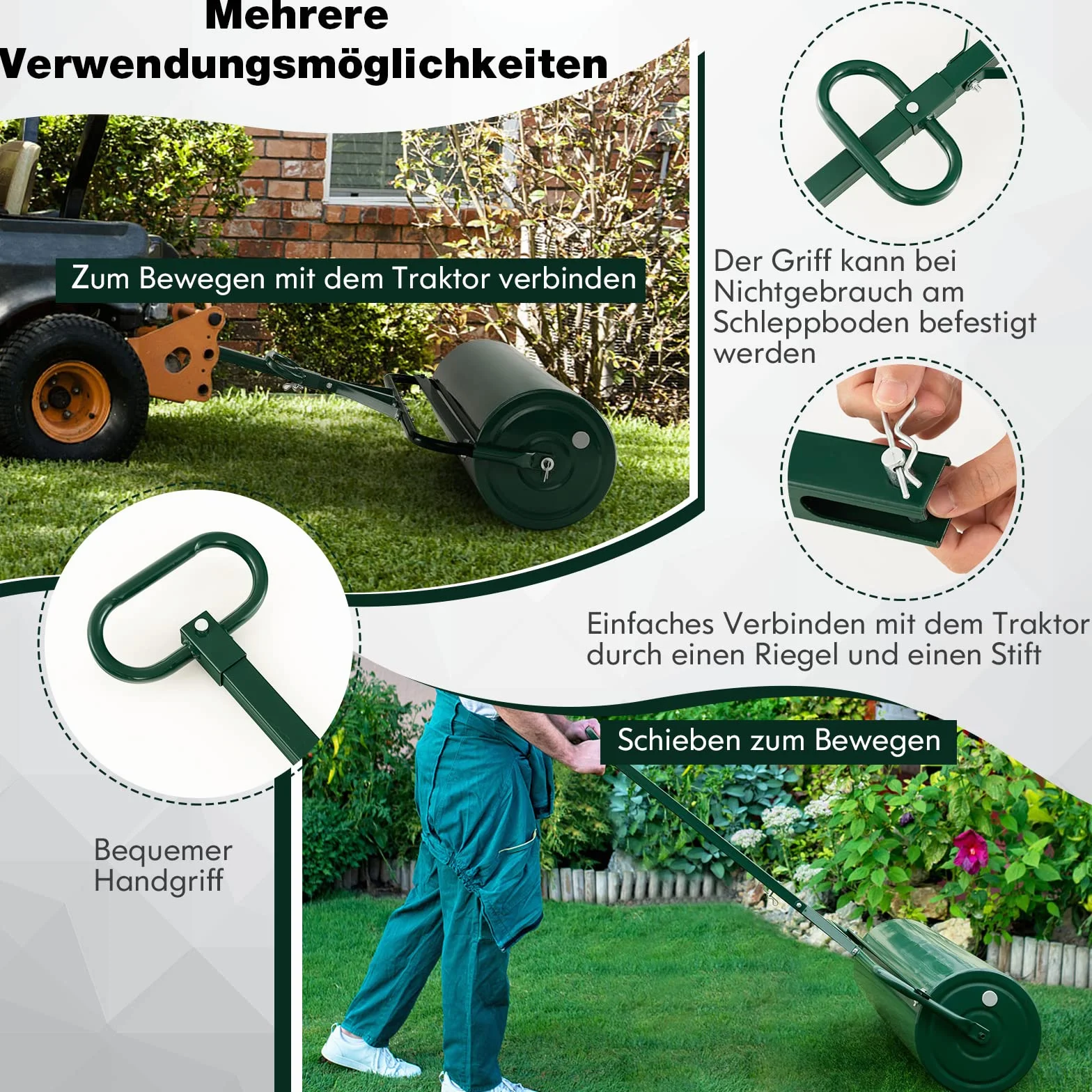 FANTASK Walec do trawy z metalu, średnica 30 cm, z uchwytem 63 l, bęben do dużych obciążeń, wałek do trawy napełniany wodą i piaskiem, wałek ogrodowy, bęben do trawy