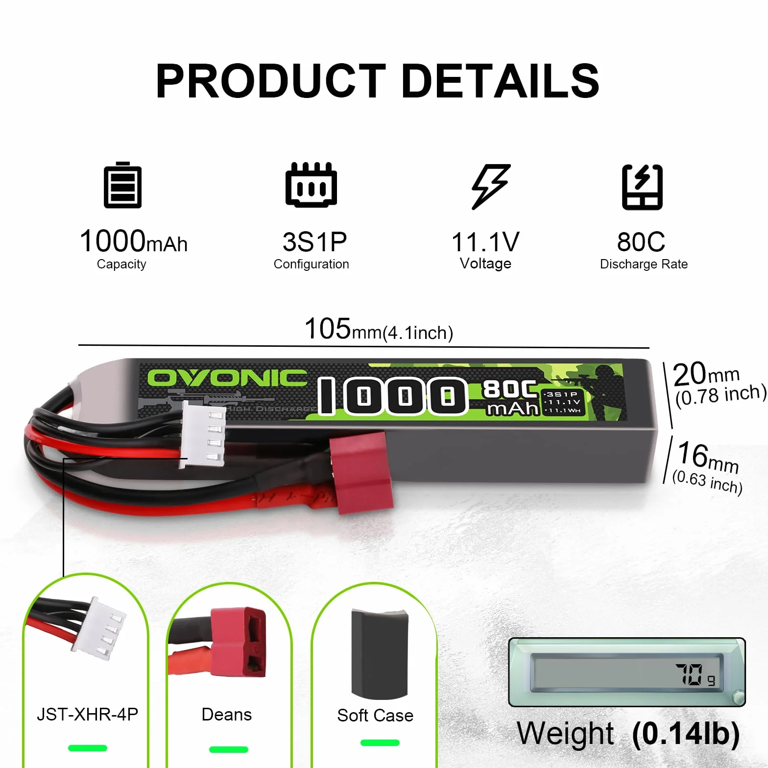 OVONIC 3S Lipo 11,1 V 80C 1000 mAh Airsoft Lipo akumulator z Deans T do pistoletów Airsoft (2 szt.)