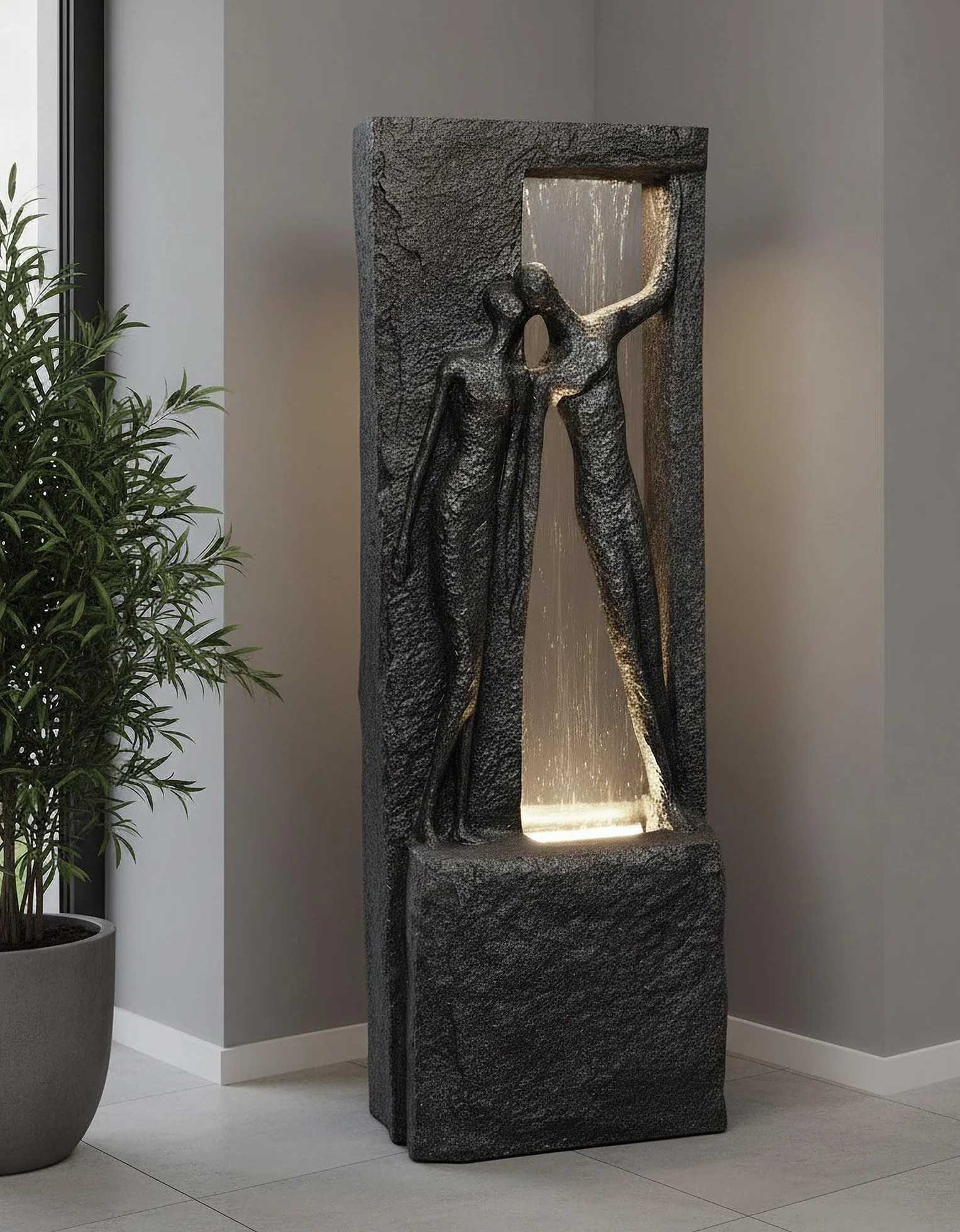 Fontanna ogrodowa, z oświetleniem LED, 99,5 cm, ze szklanym blatem, imitacja brązu, figurka ogrodowa, dekoracja ogrodowa