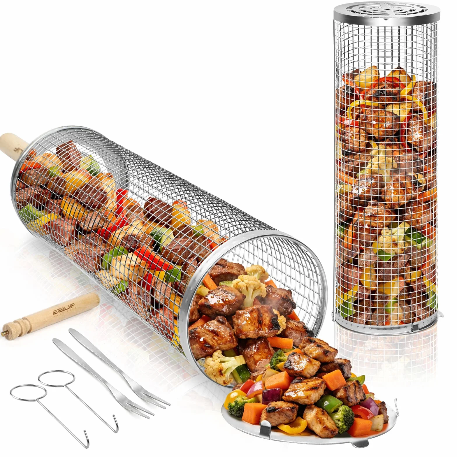 Zestaw koszy grillowych Ezilif na rolkach, z odpinanym drewnianym uchwytem, stal szlachetna 304, akcesoria grillowe do warzyw, mięsa i owoców morza, Nadaje się do grilla na węgiel drzewny, grilla