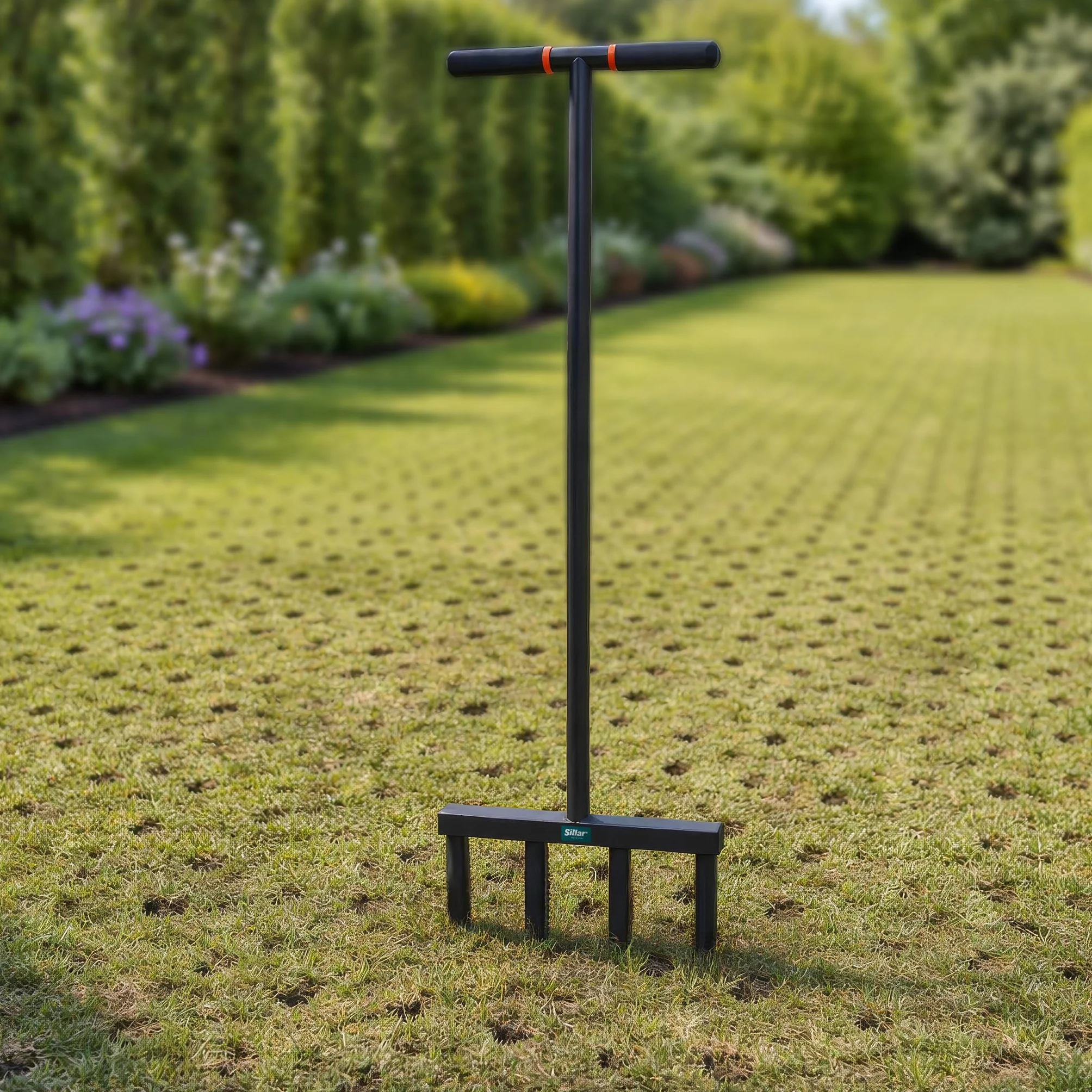 Sillar Napowietrzacz do trawnika, ręczny napowietrzacz podłogowy ze stali węglowej z 4 kolcami rurowymi 12 cm, 103 cm długości, uchwyt T, urządzenie ogrodowe do pielęgnacji i regeneracji trawnika