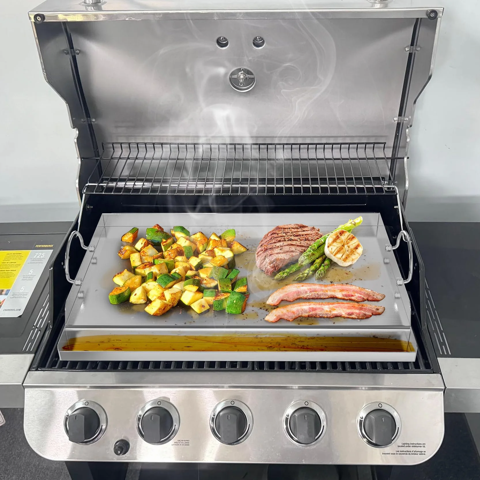 onlyfire Uniwersalna płyta grillowa ze stali nierdzewnej do grilla gazowego na węgiel drzewny, duża płyta grillowa do gotowania na świeżym powietrzu, 63,7 x 40,5 x 7 cm