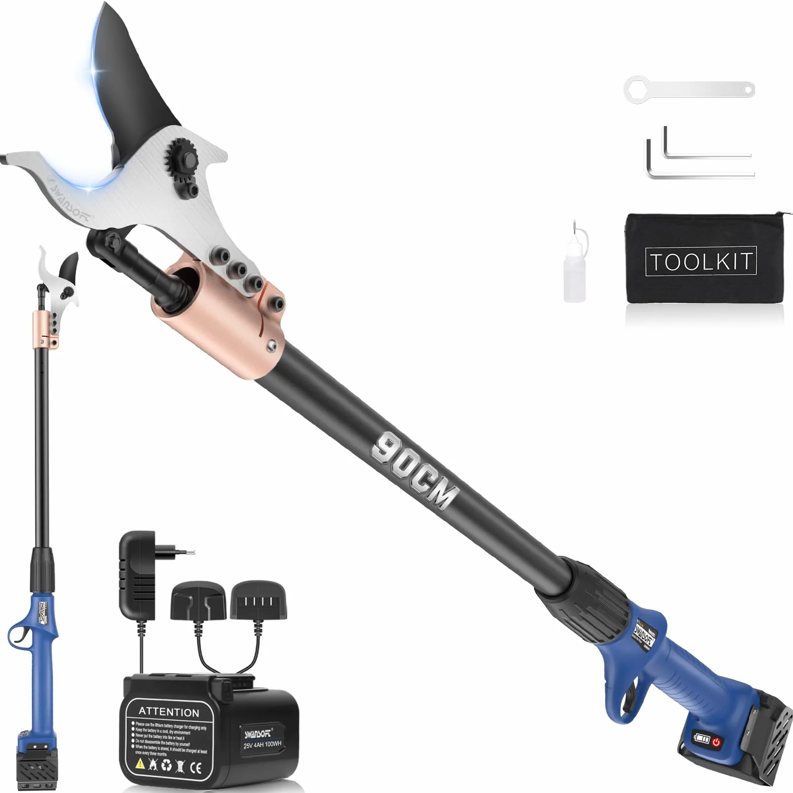 SWANSOFT Elektryczne nożyce do gałęzi z prętem, 40 mm, 25,2 V/4 + 4 Ah, bezszczotkowy silnik 1050 W, profesjonalne nożyce akumulatorowe, SW-921-1 (wysokość 0,9 m)