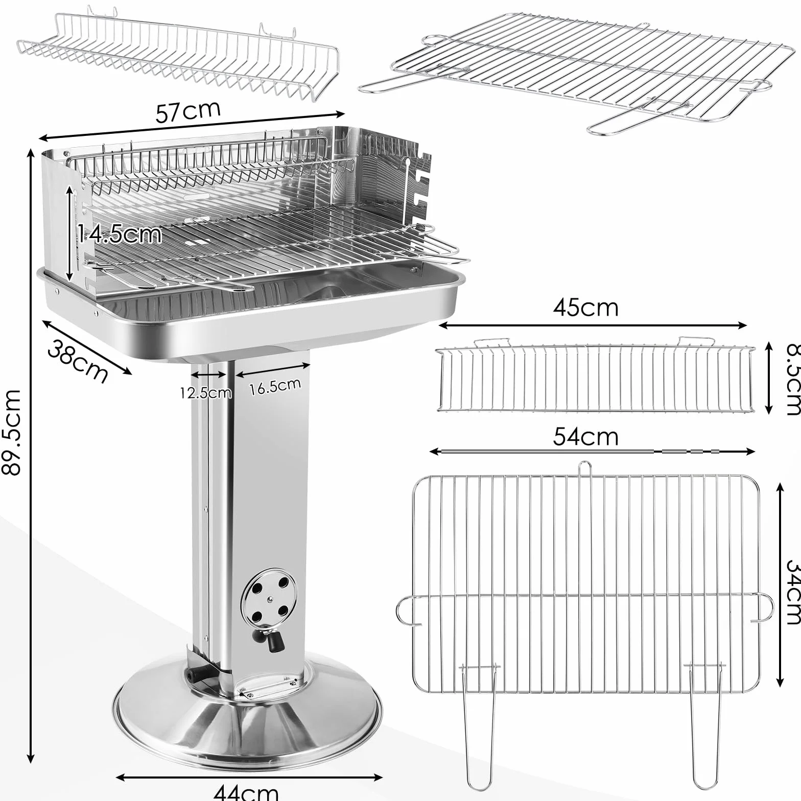 Grill na węgiel drzewny, stal nierdzewna, grill kolumnowy, grill na kemping, plażę, do ogrodu, na imprezę, z rusztem do grillowania z 5-stopniową regulacją wysokości, kosz do przechowywania, pojemnik