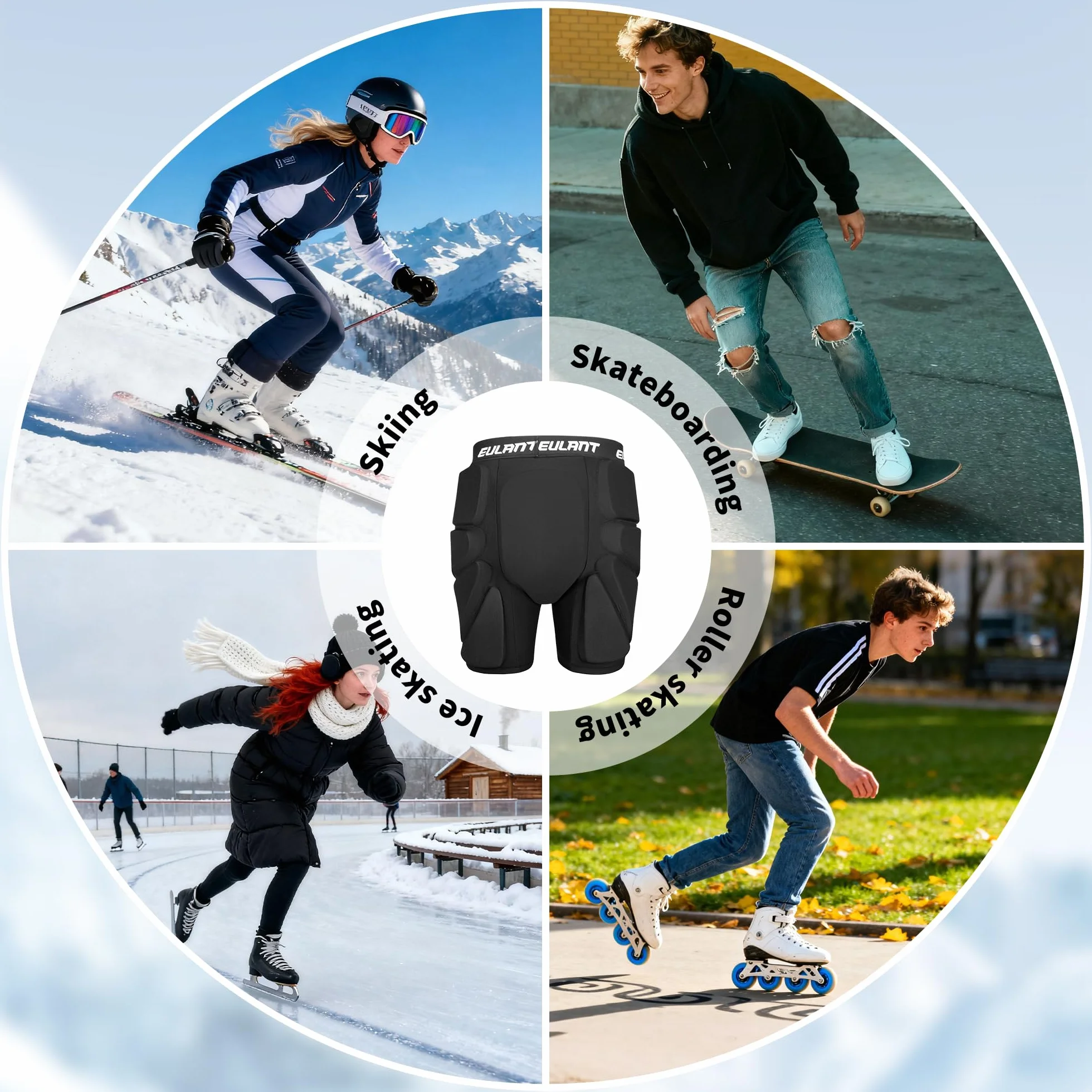 EULANT Ochronne wyściełane szorty na snowboard, narty, łyżworolki, rowery, ochraniacze 3D, na biodra, pośladki, kość ogonową, czarne