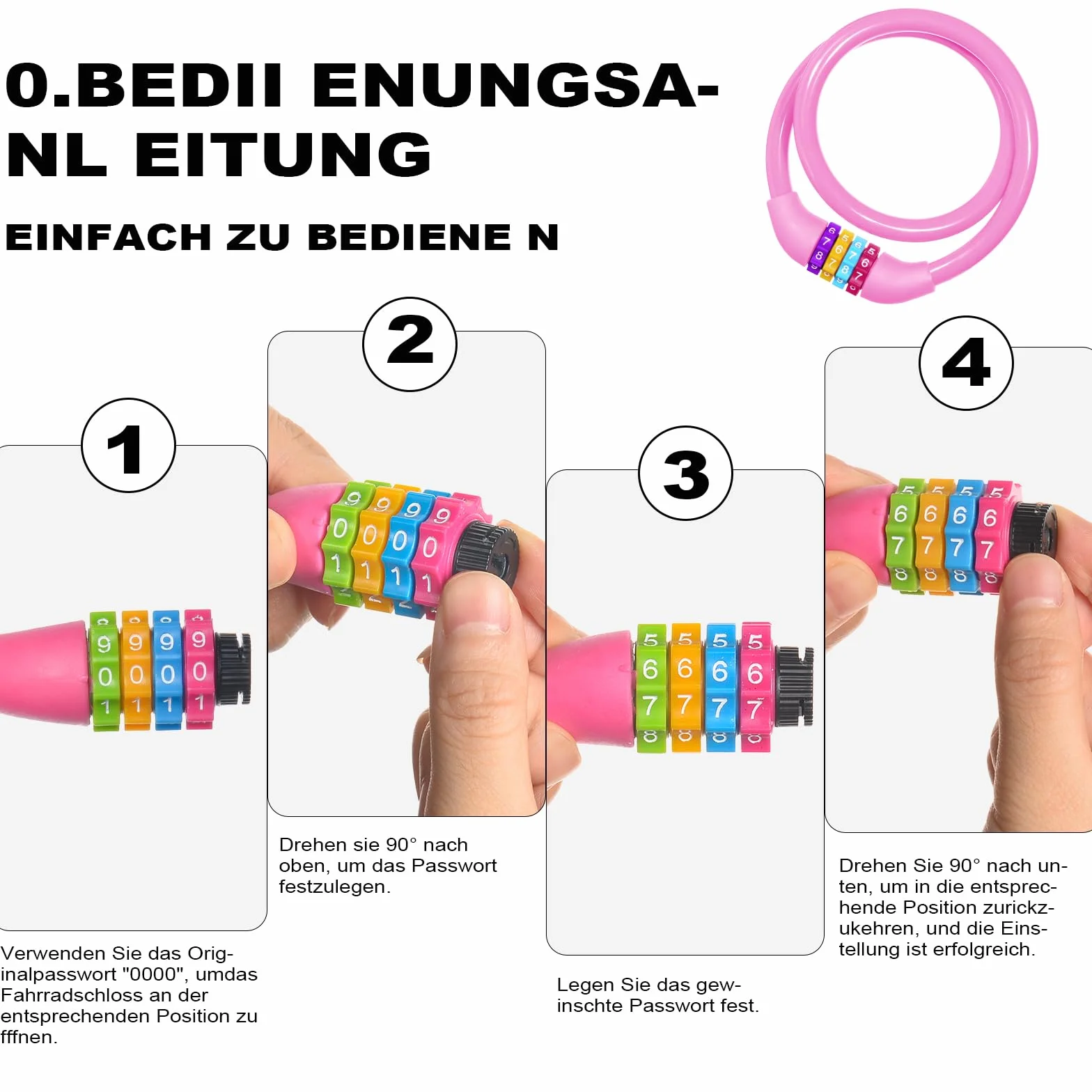 Ainiv Zamek rowerowy 65 cm blokada rowerowa kabel antykradzieżowy 4 cyfry Smart Code różowy