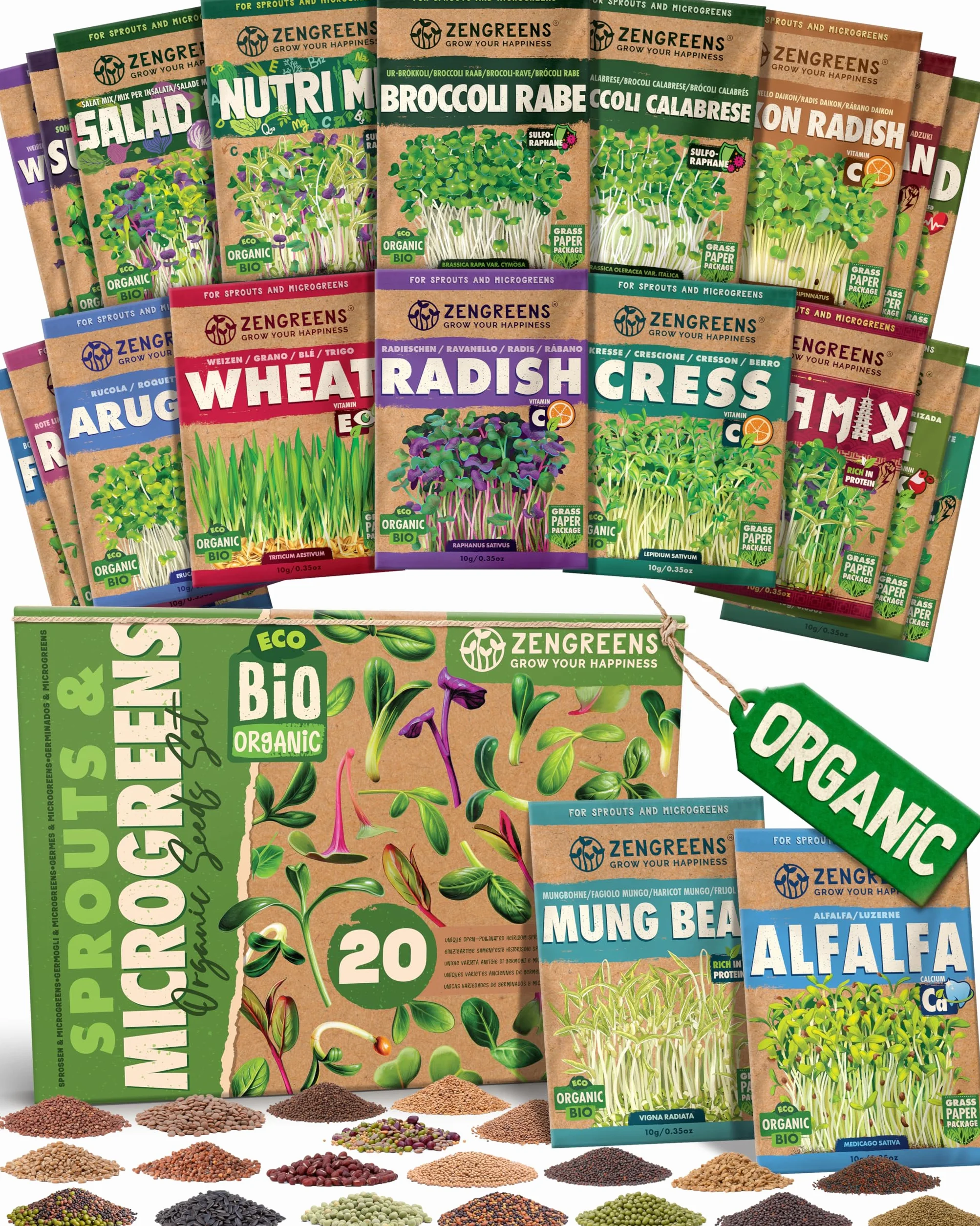ZenGreens® - Organiczne Kiełki & Microgreens Zestaw Nasion - 20szt