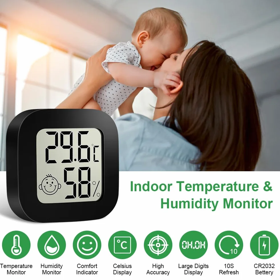 Ainiv Cyfrowy mini higrometr/termometr pokojowy, do pomieszczeń, z wyświetlaczem LCD i ikonami twarzy, z monitorem wilgotności/temperatury, do sypialni, pokoju dziecięcego, samochodu, 4 sztuki