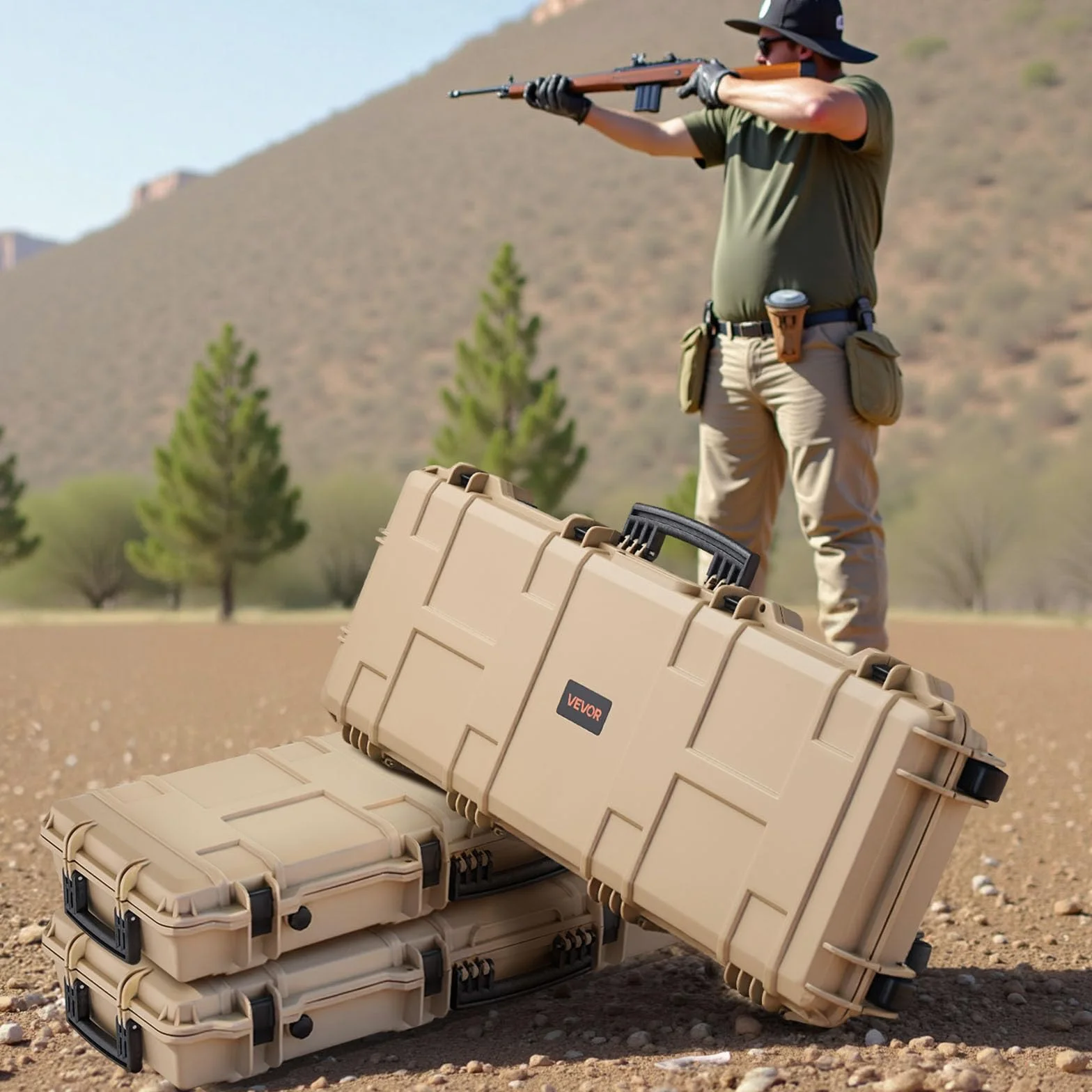 VEVOR Twardy futerał na broń długą, PP, z zamkiem i wstępnie wyciętą pianką, zwijany, wodoszczelny IP67, 1042 x 352 x 91 mm, khaki, do podróży środkami transportu publicznego