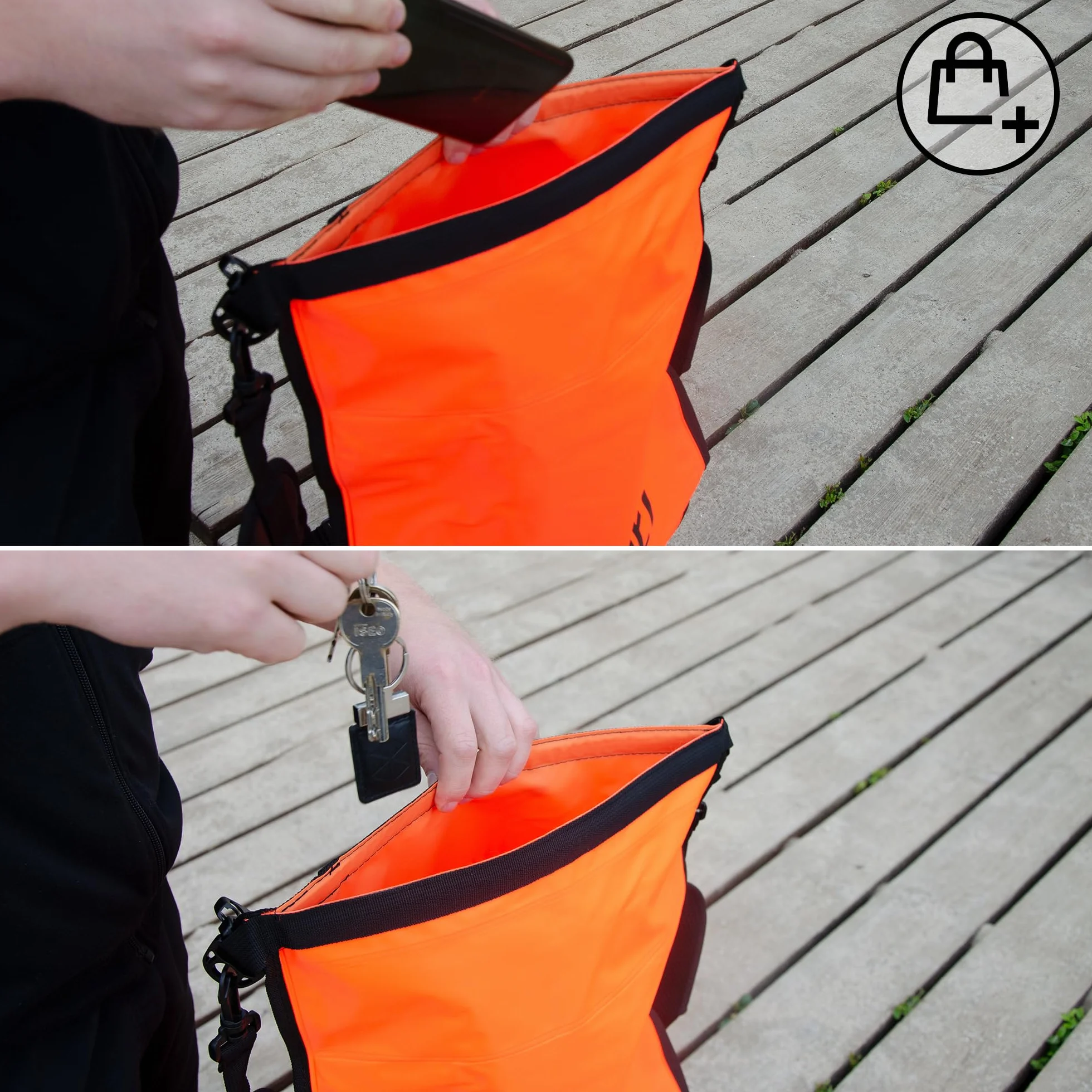 molti 2 w 1 nadmuchiwana boja do pływania i worek na sucho, 15 l, 28 l, boja dla dorosłych, Baywatch Boja z gwizdkiem alarmowym i pokrowcem na telefon komórkowy, kolor pomarańczowy, bezpieczeństwo