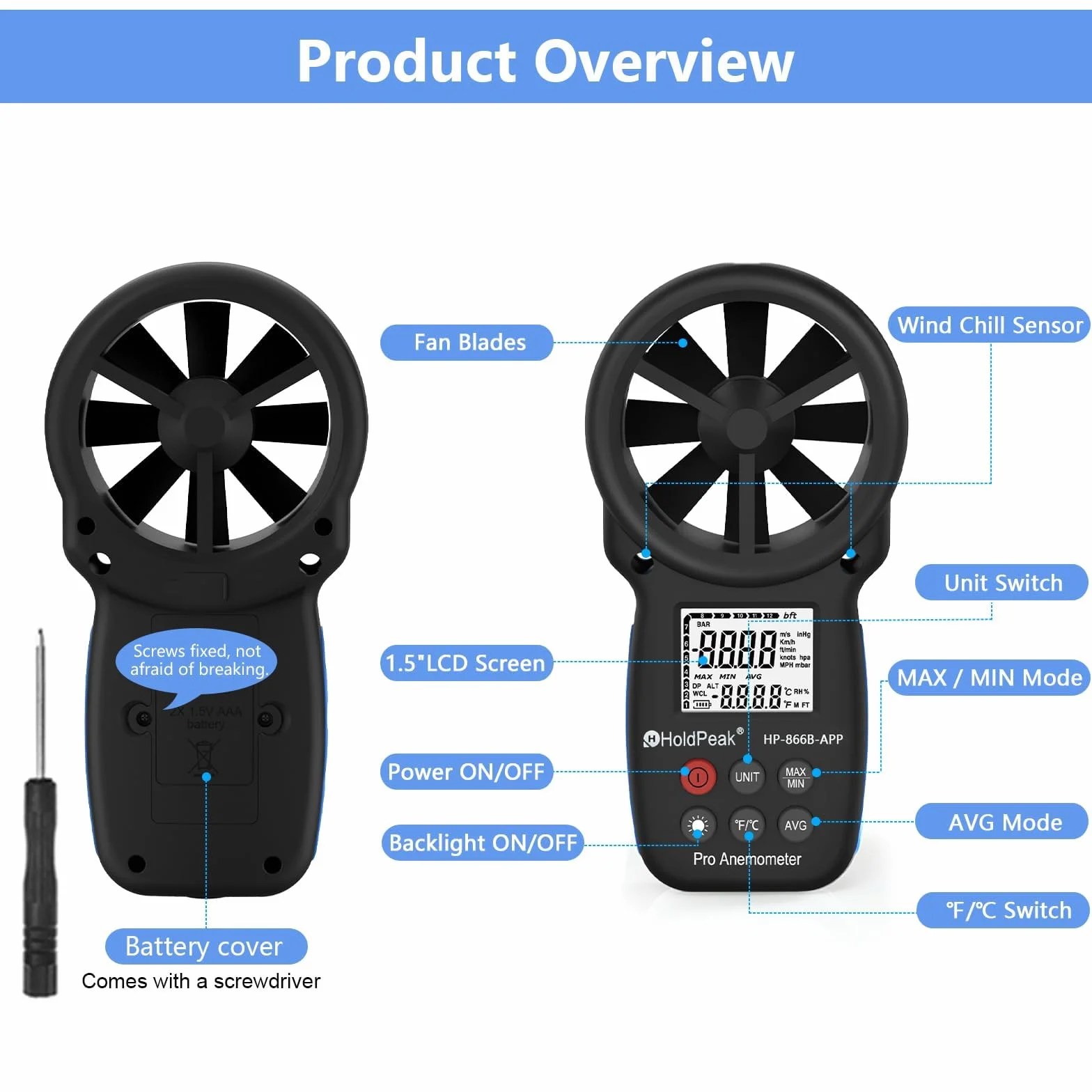 HoldPeak Cyfrowy anemometr HP-866B-APP Prędkość wiatru z bezprzewodowym połączeniem Bluetooth do pomiaru temperatury wiatru, nawigacji w locie, strzelanie, żeglarstwie