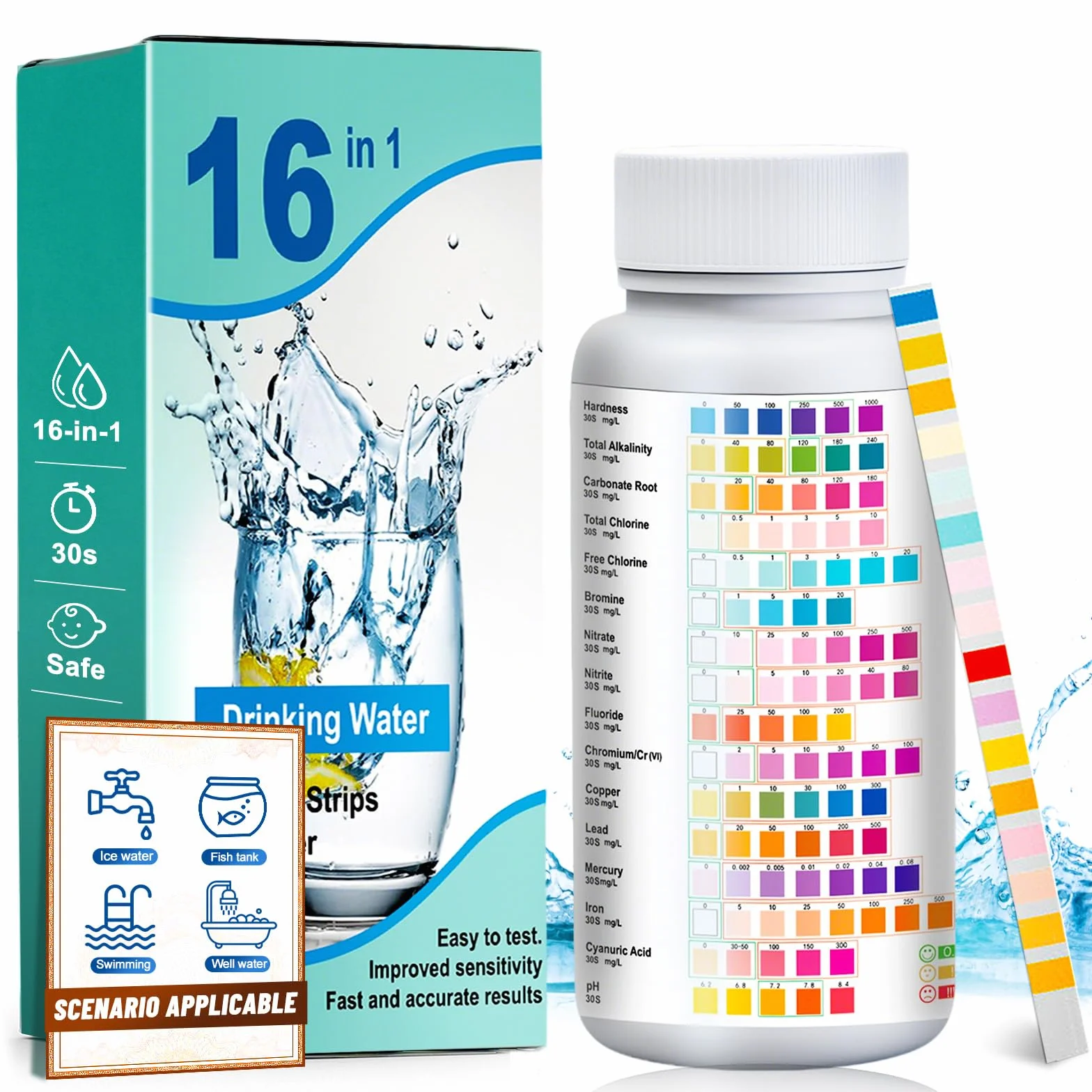 150 x paski testowe 16 w 1, do wody pitnej, jakość wody pitnej, twardość wody, wartość pH, szybki test wody z kranu, szybka analiza jakości wody w domu
