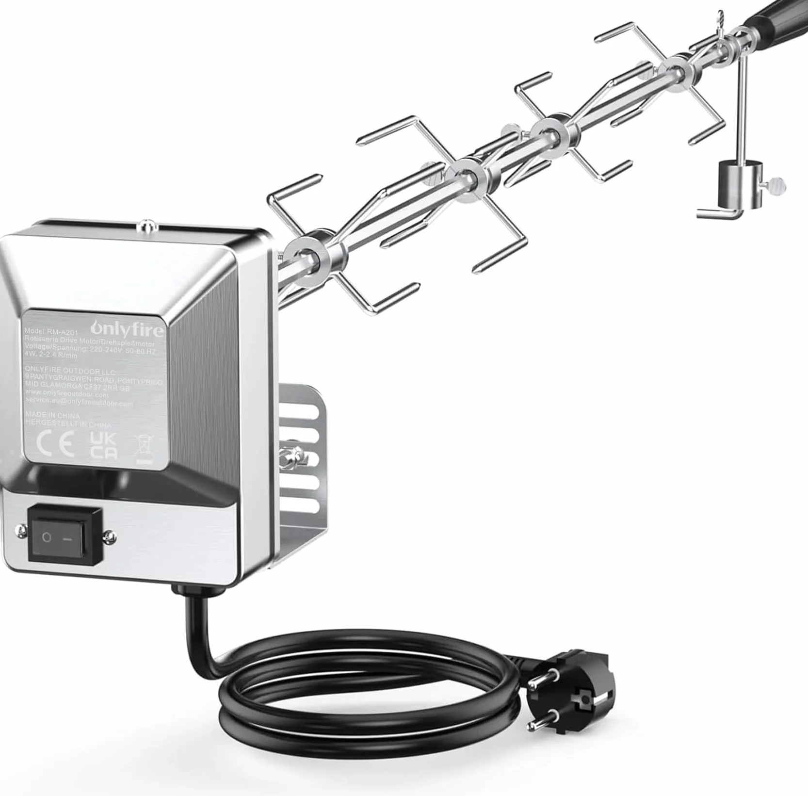 Onlyfire BRK-6032 Uniwersalny chromowany rożen obrotowy, rożen obrotowy 100 cm, igły do mięsa 4X, silnik ze stali nierdzewnej, 220V - 240V, rożen do grilla