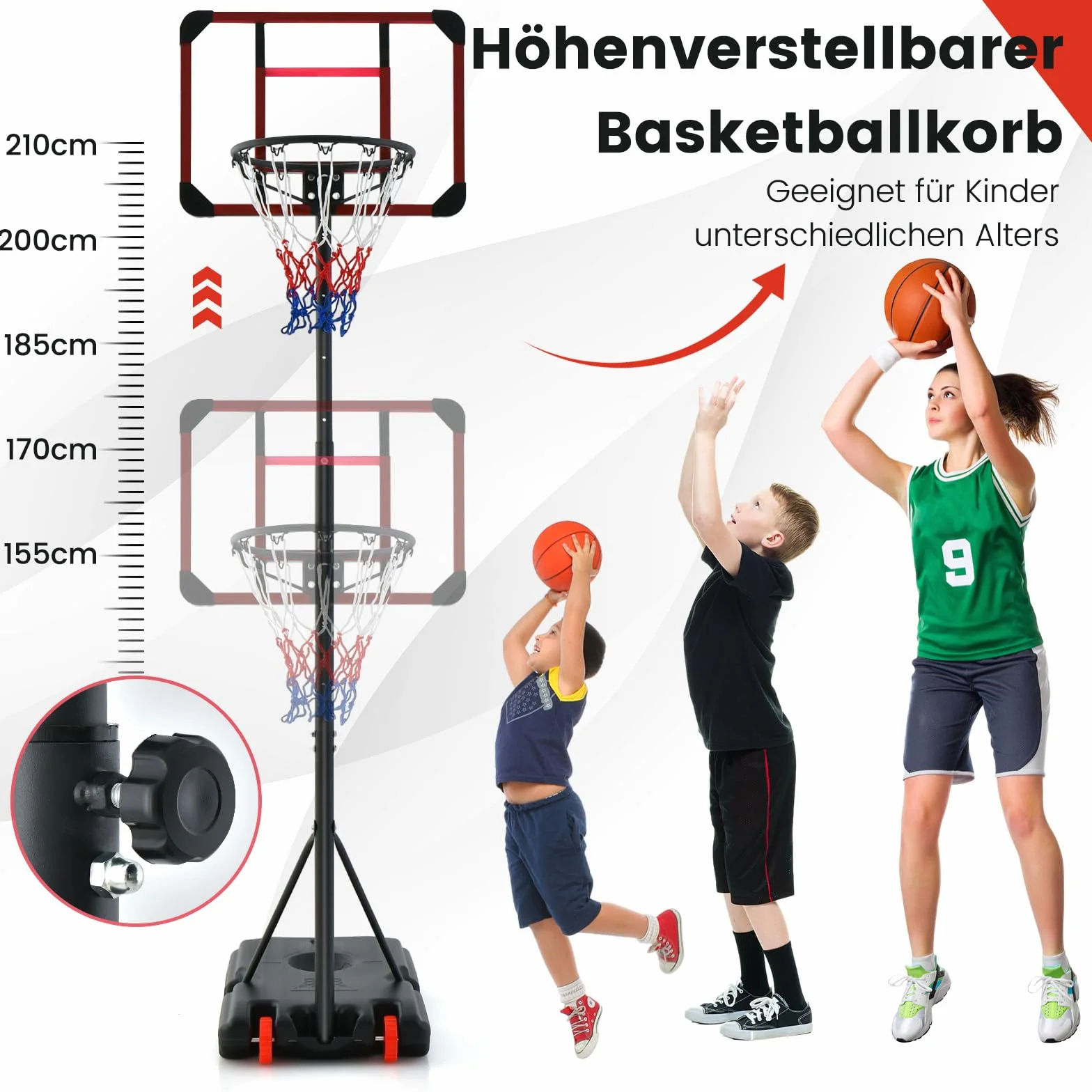 COSTWAY Kosz do koszykówki outdoorowy ze stojakiem, stojak do koszykówki 155-210 cm, z regulacją wysokości na kółkach, mobilny kosz z tylną ścianką PC i podstawą, zestaw do koszykówki dla dzieci i