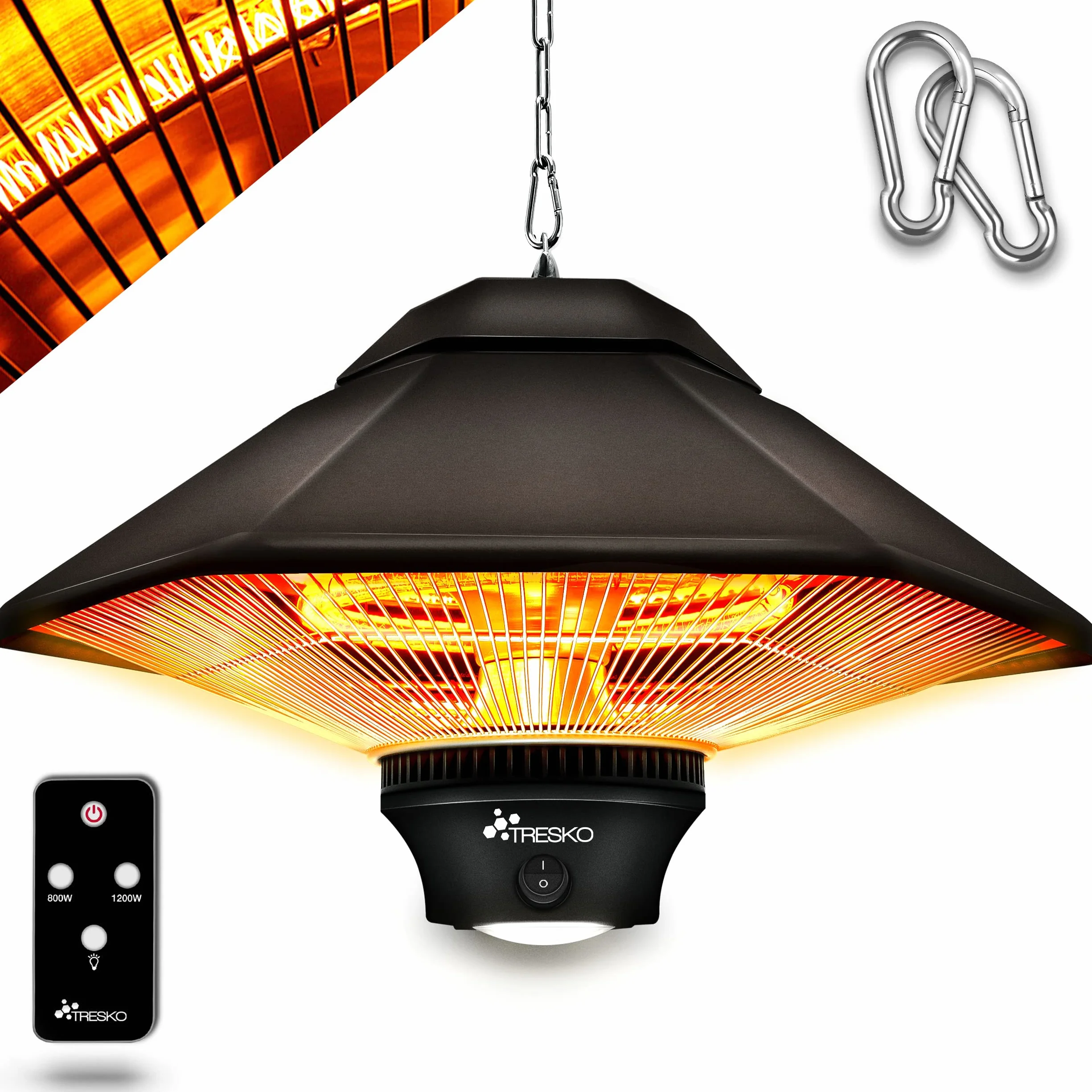 TRESKO Promiennik sufitowy 1200 W z pilotem zdalnego sterowania, promiennik ciepła z 2 stopniami ogrzewania, promiennik tarasowy, ogrzewanie na podczerwień, do wewnątrz i na zewnątrz, promiennik podczerwieni, do namiotu, na taras